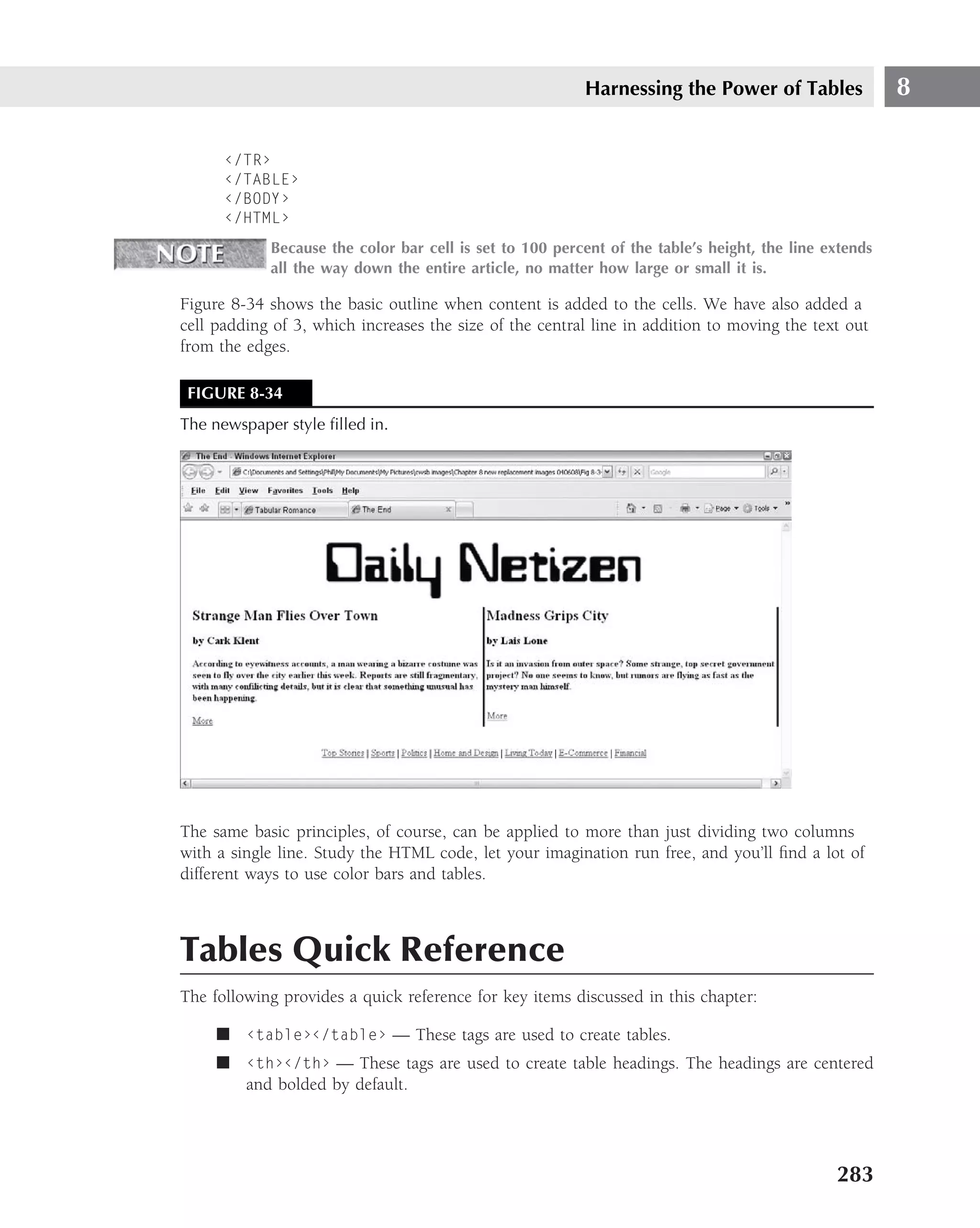 Harnessing the Power of Tables                8

      ‹/TR›
      ‹/TABLE›
      ‹/BODY›
      ‹/HTML›
            Because the color bar cell is set to 100 percent of the table’s height, the line extends
            all the way down the entire article, no matter how large or small it is.

Figure 8-34 shows the basic outline when content is added to the cells. We have also added a
cell padding of 3, which increases the size of the central line in addition to moving the text out
from the edges.

 FIGURE 8-34
The newspaper style ﬁlled in.




The same basic principles, of course, can be applied to more than just dividing two columns
with a single line. Study the HTML code, let your imagination run free, and you’ll ﬁnd a lot of
different ways to use color bars and tables.



Tables Quick Reference
The following provides a quick reference for key items discussed in this chapter:

     ■ ‹table›‹/table› — These tags are used to create tables.
     ■ ‹th›‹/th› — These tags are used to create table headings. The headings are centered
       and bolded by default.




                                                                                              283
 