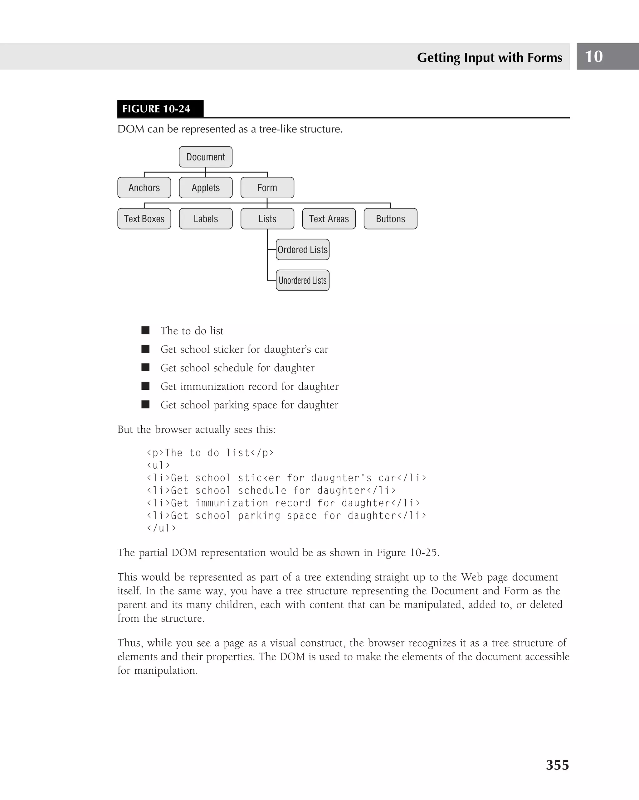 Getting Input with Forms      10


 FIGURE 10-24
DOM can be represented as a tree-like structure.

               Document


  Anchors       Applets       Form


 Text Boxes     Labels         Lists            Text Areas   Buttons


                                       Ordered Lists


                                       Unordered Lists




     ■ The to do list
     ■ Get school sticker for daughter’s car
     ■ Get school schedule for daughter
     ■ Get immunization record for daughter
     ■ Get school parking space for daughter

But the browser actually sees this:

      ‹p›The to do list‹/p›
      ‹ul›
      ‹li›Get school sticker for daughter’s car‹/li›
      ‹li›Get school schedule for daughter‹/li›
      ‹li›Get immunization record for daughter‹/li›
      ‹li›Get school parking space for daughter‹/li›
      ‹/ul›

The partial DOM representation would be as shown in Figure 10-25.

This would be represented as part of a tree extending straight up to the Web page document
itself. In the same way, you have a tree structure representing the Document and Form as the
parent and its many children, each with content that can be manipulated, added to, or deleted
from the structure.

Thus, while you see a page as a visual construct, the browser recognizes it as a tree structure of
elements and their properties. The DOM is used to make the elements of the document accessible
for manipulation.




                                                                                            355
 