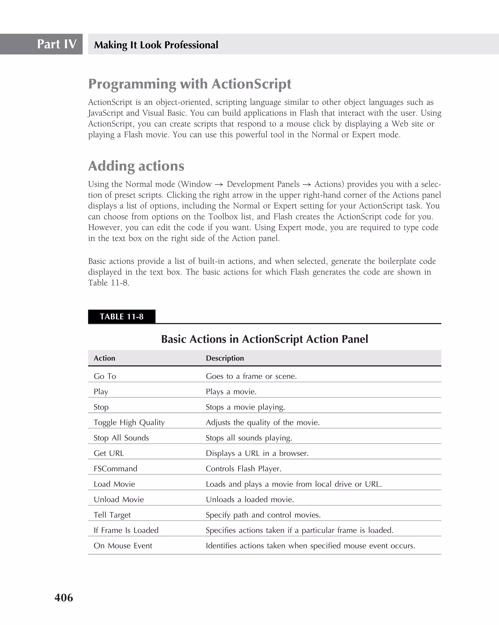 Part IV    Making It Look Professional


          Programming with ActionScript
          ActionScript is an object-oriented, scripting language similar to other object languages such as
          JavaScript and Visual Basic. You can build applications in Flash that interact with the user. Using
          ActionScript, you can create scripts that respond to a mouse click by displaying a Web site or
          playing a Flash movie. You can use this powerful tool in the Normal or Expert mode.


          Adding actions
          Using the Normal mode (Window → Development Panels → Actions) provides you with a selec-
          tion of preset scripts. Clicking the right arrow in the upper right-hand corner of the Actions panel
          displays a list of options, including the Normal or Expert setting for your ActionScript task. You
          can choose from options on the Toolbox list, and Flash creates the ActionScript code for you.
          However, you can edit the code if you want. Using Expert mode, you are required to type code
          in the text box on the right side of the Action panel.

          Basic actions provide a list of built-in actions, and when selected, generate the boilerplate code
          displayed in the text box. The basic actions for which Flash generates the code are shown in
          Table 11-8.


             TABLE 11-8

                                Basic Actions in ActionScript Action Panel
           Action                          Description

           Go To                           Goes to a frame or scene.
           Play                            Plays a movie.
           Stop                            Stops a movie playing.
           Toggle High Quality             Adjusts the quality of the movie.
           Stop All Sounds                 Stops all sounds playing.
           Get URL                         Displays a URL in a browser.
           FSCommand                       Controls Flash Player.
           Load Movie                      Loads and plays a movie from local drive or URL.
           Unload Movie                    Unloads a loaded movie.
           Tell Target                     Specify path and control movies.
           If Frame Is Loaded              Speciﬁes actions taken if a particular frame is loaded.
           On Mouse Event                  Identiﬁes actions taken when speciﬁed mouse event occurs.




   406
 