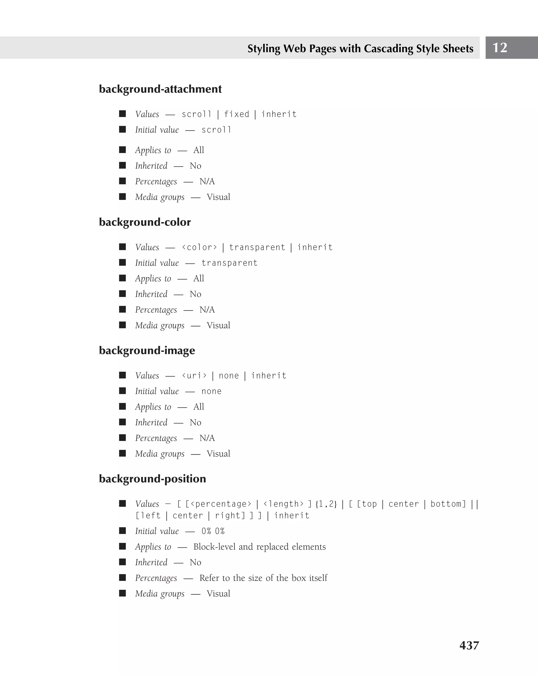 Styling Web Pages with Cascading Style Sheets   12

background-attachment

   ■ Values — scroll | fixed | inherit
   ■ Initial value — scroll

   ■ Applies to — All
   ■ Inherited — No
   ■ Percentages — N/A
   ■ Media groups — Visual

background-color

   ■ Values — ‹color› | transparent | inherit
   ■ Initial value — transparent
   ■ Applies to — All
   ■ Inherited — No
   ■ Percentages — N/A
   ■ Media groups — Visual

background-image

   ■ Values — ‹uri› | none | inherit
   ■ Initial value — none
   ■ Applies to — All
   ■ Inherited — No
   ■ Percentages — N/A
   ■ Media groups — Visual

background-position

   ■ Values — [ [‹percentage› | ‹length› ] {1,2} | [ [top | center | bottom] ||
       [left | center | right] ] ] | inherit
   ■ Initial value — 0% 0%
   ■ Applies to — Block-level and replaced elements
   ■ Inherited — No
   ■ Percentages — Refer to the size of the box itself
   ■ Media groups — Visual




                                                                            437
 