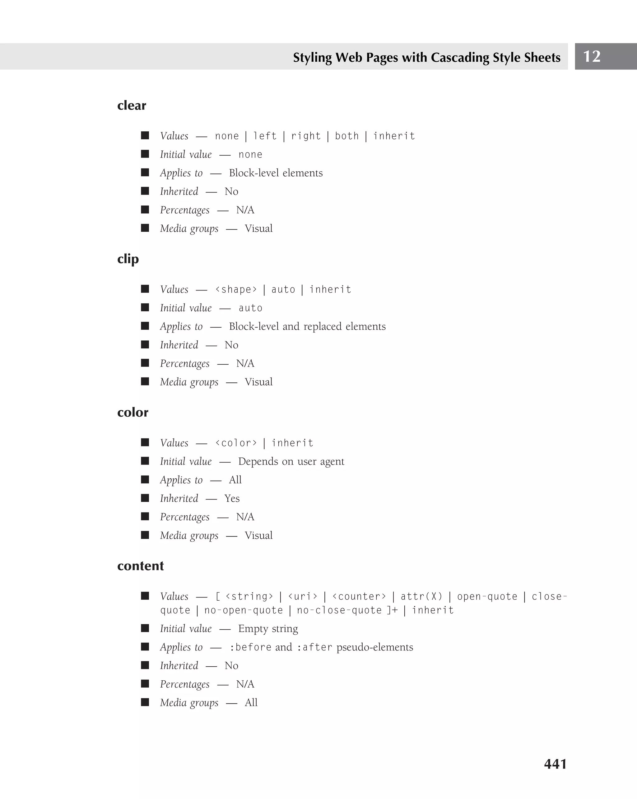 Styling Web Pages with Cascading Style Sheets   12

clear

       ■ Values — none | left | right | both | inherit
       ■ Initial value — none
       ■ Applies to — Block-level elements
       ■ Inherited — No
       ■ Percentages — N/A
       ■ Media groups — Visual

clip

       ■ Values — ‹shape› | auto | inherit
       ■ Initial value — auto
       ■ Applies to — Block-level and replaced elements
       ■ Inherited — No
       ■ Percentages — N/A
       ■ Media groups — Visual

color

       ■ Values — ‹color› | inherit
       ■ Initial value — Depends on user agent
       ■ Applies to — All
       ■ Inherited — Yes
       ■ Percentages — N/A
       ■ Media groups — Visual

content

       ■ Values — [ ‹string› | ‹uri› | ‹counter› | attr(X) | open-quote | close-
          quote | no-open-quote | no-close-quote ]+ | inherit
       ■ Initial value — Empty string
       ■ Applies to — :before and :after pseudo-elements
       ■ Inherited — No
       ■ Percentages — N/A
       ■ Media groups — All




                                                                              441
 