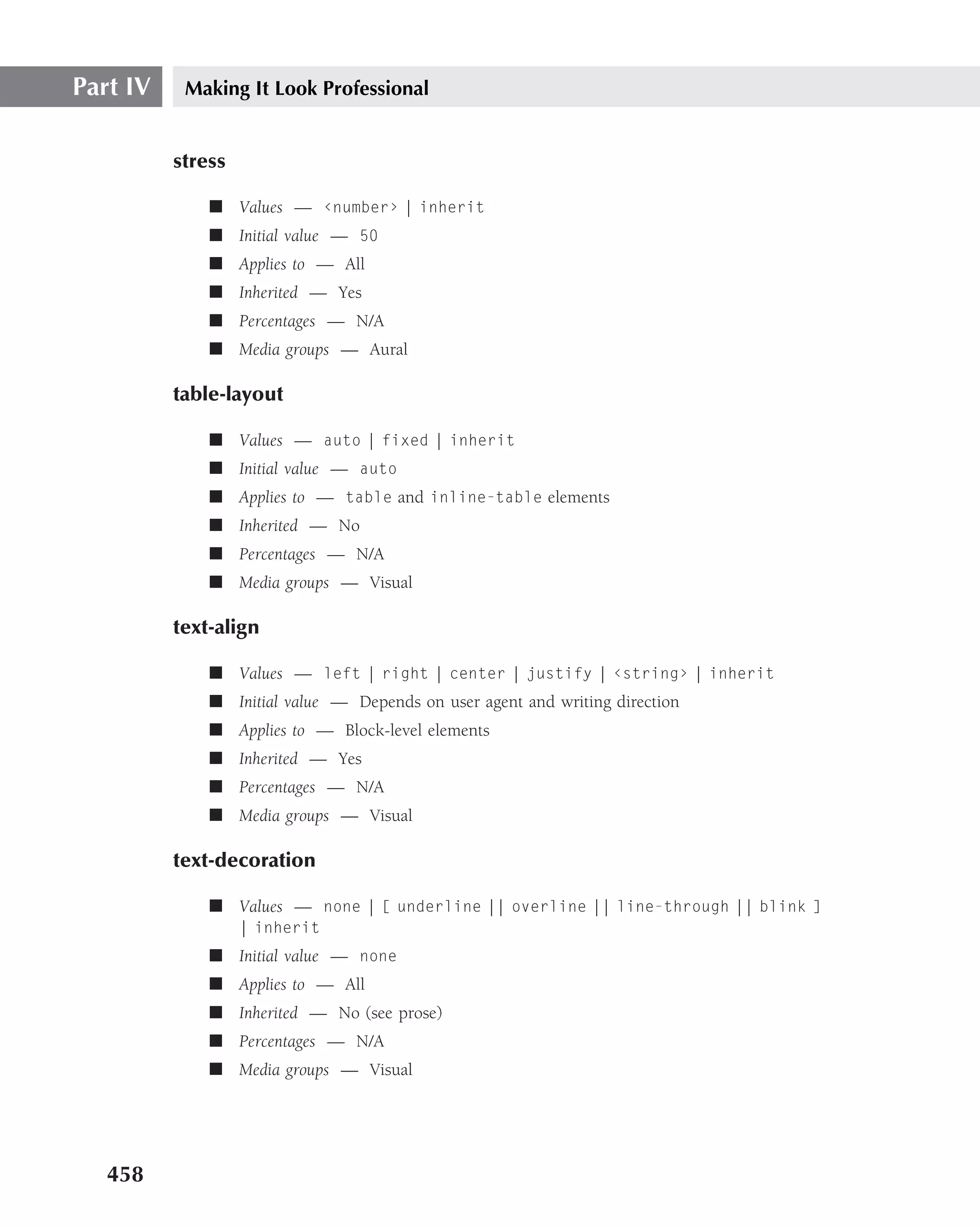 Part IV    Making It Look Professional


          stress

              ■ Values — ‹number› | inherit
              ■ Initial value — 50
              ■ Applies to — All
              ■ Inherited — Yes
              ■ Percentages — N/A
              ■ Media groups — Aural

          table-layout

              ■ Values — auto | fixed | inherit
              ■ Initial value — auto
              ■ Applies to — table and inline-table elements
              ■ Inherited — No
              ■ Percentages — N/A
              ■ Media groups — Visual

          text-align

              ■ Values — left | right | center | justify | ‹string› | inherit
              ■ Initial value — Depends on user agent and writing direction
              ■ Applies to — Block-level elements
              ■ Inherited — Yes
              ■ Percentages — N/A
              ■ Media groups — Visual

          text-decoration

              ■ Values — none | [ underline || overline || line-through || blink ]
                   | inherit
              ■ Initial value — none
              ■ Applies to — All
              ■ Inherited — No (see prose)
              ■ Percentages — N/A
              ■ Media groups — Visual




   458
 