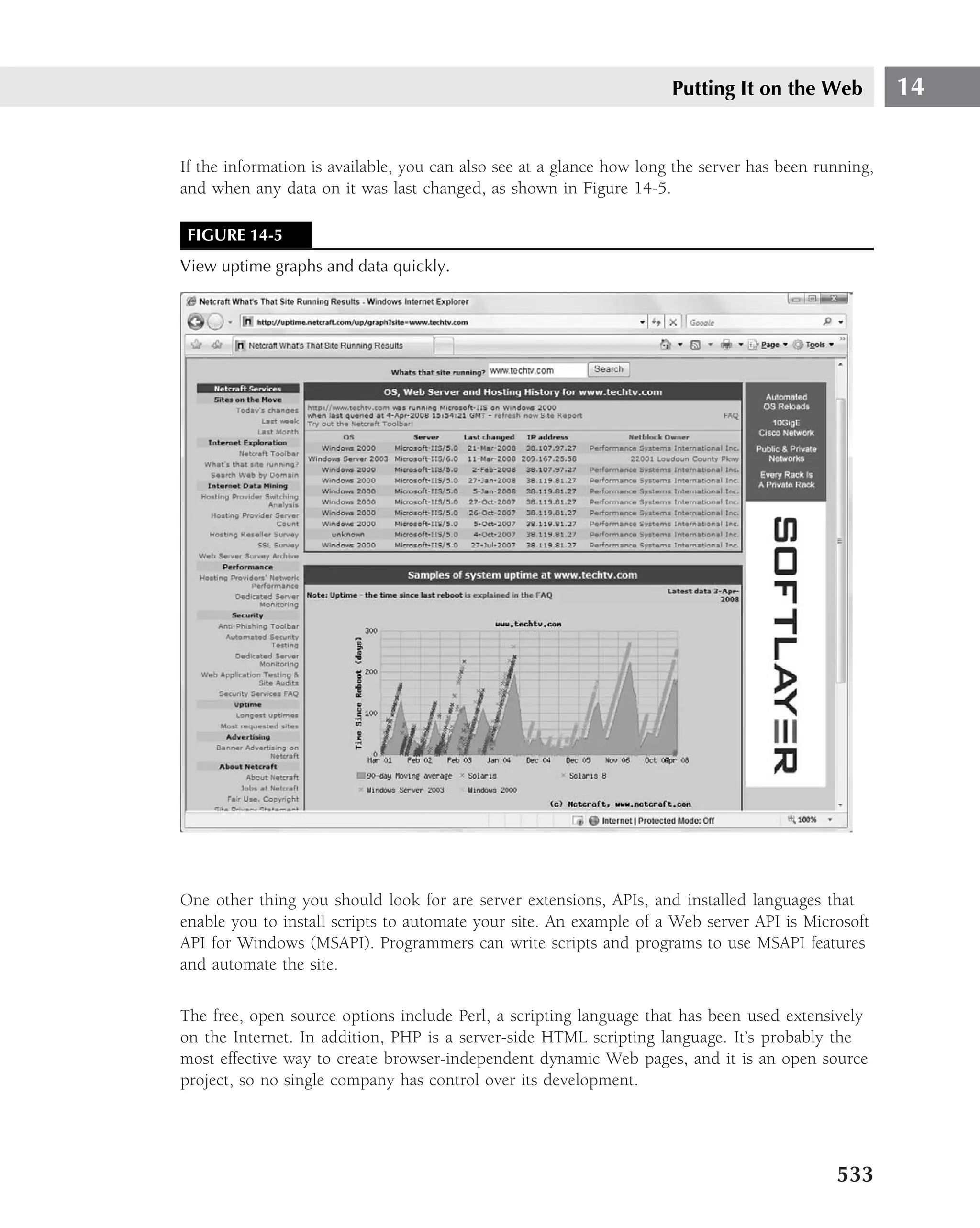 Putting It on the Web           14


If the information is available, you can also see at a glance how long the server has been running,
and when any data on it was last changed, as shown in Figure 14-5.

 FIGURE 14-5
View uptime graphs and data quickly.




One other thing you should look for are server extensions, APIs, and installed languages that
enable you to install scripts to automate your site. An example of a Web server API is Microsoft
API for Windows (MSAPI). Programmers can write scripts and programs to use MSAPI features
and automate the site.

The free, open source options include Perl, a scripting language that has been used extensively
on the Internet. In addition, PHP is a server-side HTML scripting language. It’s probably the
most effective way to create browser-independent dynamic Web pages, and it is an open source
project, so no single company has control over its development.




                                                                                             533
 