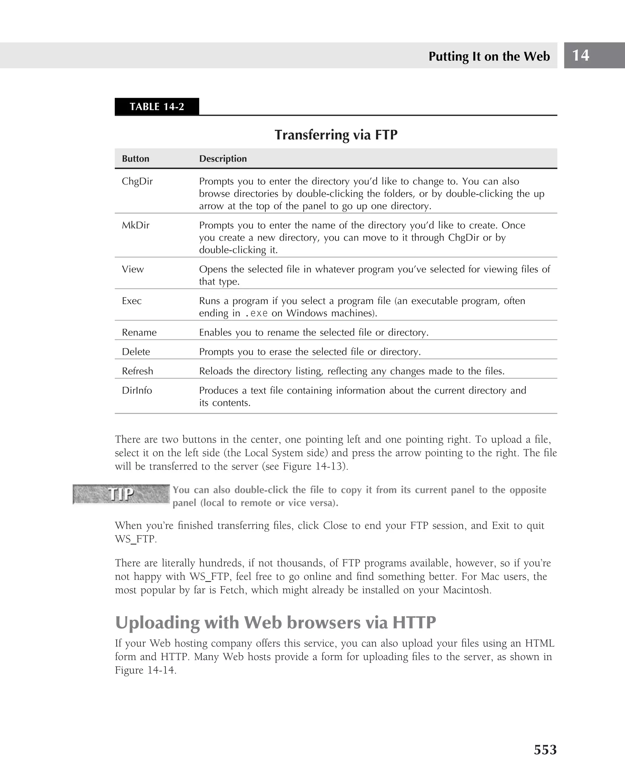 Putting It on the Web          14


   TABLE 14-2

                                    Transferring via FTP
 Button            Description

 ChgDir            Prompts you to enter the directory you’d like to change to. You can also
                   browse directories by double-clicking the folders, or by double-clicking the up
                   arrow at the top of the panel to go up one directory.
 MkDir             Prompts you to enter the name of the directory you’d like to create. Once
                   you create a new directory, you can move to it through ChgDir or by
                   double-clicking it.
 View              Opens the selected ﬁle in whatever program you’ve selected for viewing ﬁles of
                   that type.
 Exec              Runs a program if you select a program ﬁle (an executable program, often
                   ending in .exe on Windows machines).
 Rename            Enables you to rename the selected ﬁle or directory.
 Delete            Prompts you to erase the selected ﬁle or directory.
 Refresh           Reloads the directory listing, reﬂecting any changes made to the ﬁles.
 DirInfo           Produces a text ﬁle containing information about the current directory and
                   its contents.


There are two buttons in the center, one pointing left and one pointing right. To upload a ﬁle,
select it on the left side (the Local System side) and press the arrow pointing to the right. The ﬁle
will be transferred to the server (see Figure 14-13).

             You can also double-click the ﬁle to copy it from its current panel to the opposite
             panel (local to remote or vice versa).

When you’re ﬁnished transferring ﬁles, click Close to end your FTP session, and Exit to quit
WS FTP.

There are literally hundreds, if not thousands, of FTP programs available, however, so if you’re
not happy with WS FTP, feel free to go online and ﬁnd something better. For Mac users, the
most popular by far is Fetch, which might already be installed on your Macintosh.


Uploading with Web browsers via HTTP
If your Web hosting company offers this service, you can also upload your ﬁles using an HTML
form and HTTP. Many Web hosts provide a form for uploading ﬁles to the server, as shown in
Figure 14-14.




                                                                                                553
 