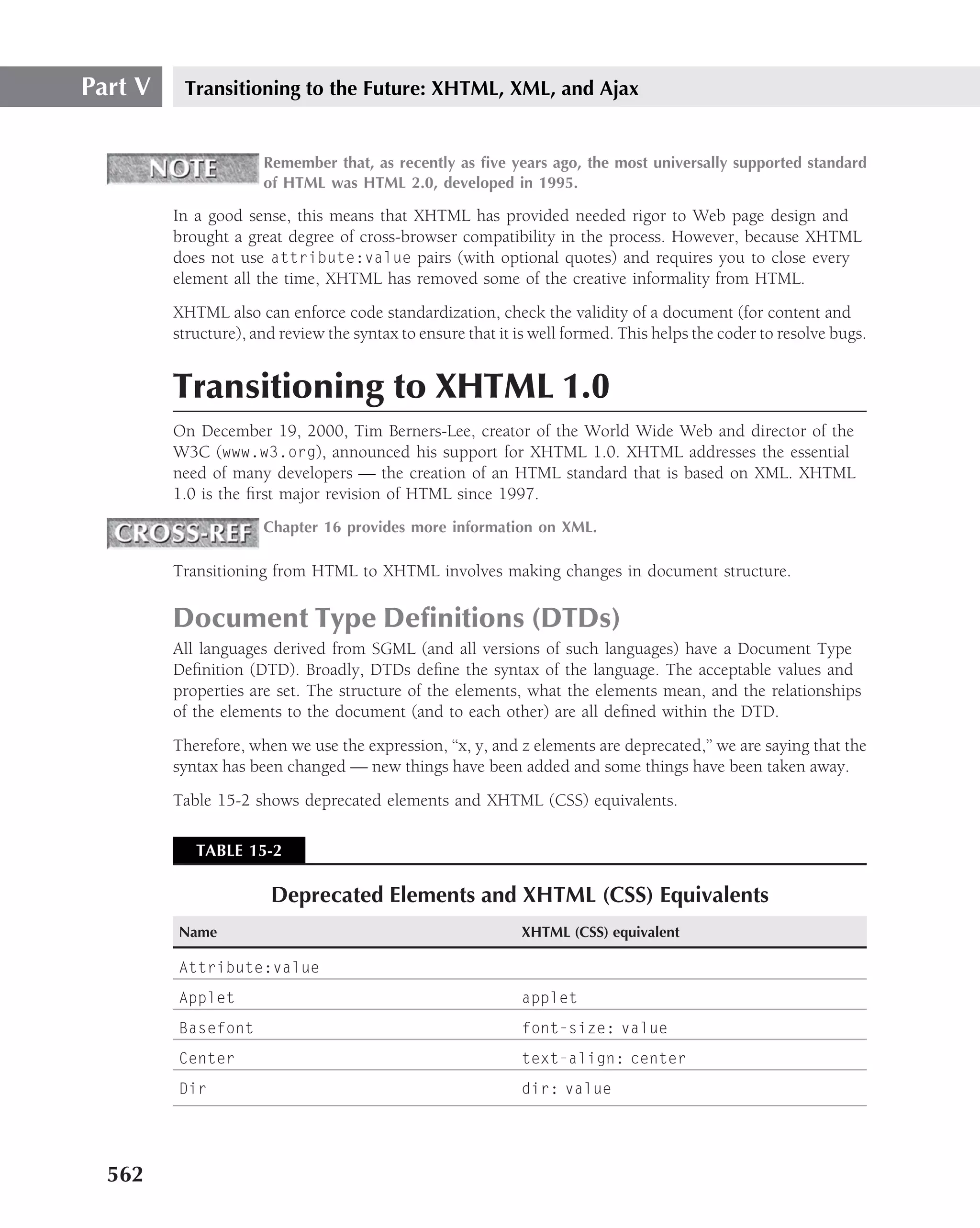 Part V    Transitioning to the Future: XHTML, XML, and Ajax


                      Remember that, as recently as ﬁve years ago, the most universally supported standard
                      of HTML was HTML 2.0, developed in 1995.

         In a good sense, this means that XHTML has provided needed rigor to Web page design and
         brought a great degree of cross-browser compatibility in the process. However, because XHTML
         does not use attribute:value pairs (with optional quotes) and requires you to close every
         element all the time, XHTML has removed some of the creative informality from HTML.
         XHTML also can enforce code standardization, check the validity of a document (for content and
         structure), and review the syntax to ensure that it is well formed. This helps the coder to resolve bugs.


         Transitioning to XHTML 1.0
         On December 19, 2000, Tim Berners-Lee, creator of the World Wide Web and director of the
         W3C (www.w3.org), announced his support for XHTML 1.0. XHTML addresses the essential
         need of many developers — the creation of an HTML standard that is based on XML. XHTML
         1.0 is the ﬁrst major revision of HTML since 1997.
                      Chapter 16 provides more information on XML.

         Transitioning from HTML to XHTML involves making changes in document structure.

         Document Type Deﬁnitions (DTDs)
         All languages derived from SGML (and all versions of such languages) have a Document Type
         Deﬁnition (DTD). Broadly, DTDs deﬁne the syntax of the language. The acceptable values and
         properties are set. The structure of the elements, what the elements mean, and the relationships
         of the elements to the document (and to each other) are all deﬁned within the DTD.
         Therefore, when we use the expression, ‘‘x, y, and z elements are deprecated,’’ we are saying that the
         syntax has been changed — new things have been added and some things have been taken away.
         Table 15-2 shows deprecated elements and XHTML (CSS) equivalents.

            TABLE 15-2

                       Deprecated Elements and XHTML (CSS) Equivalents
         Name                                                XHTML (CSS) equivalent

         Attribute:value
         Applet                                              applet
         Basefont                                            font-size: value
         Center                                              text-align: center
         Dir                                                 dir: value




  562
 