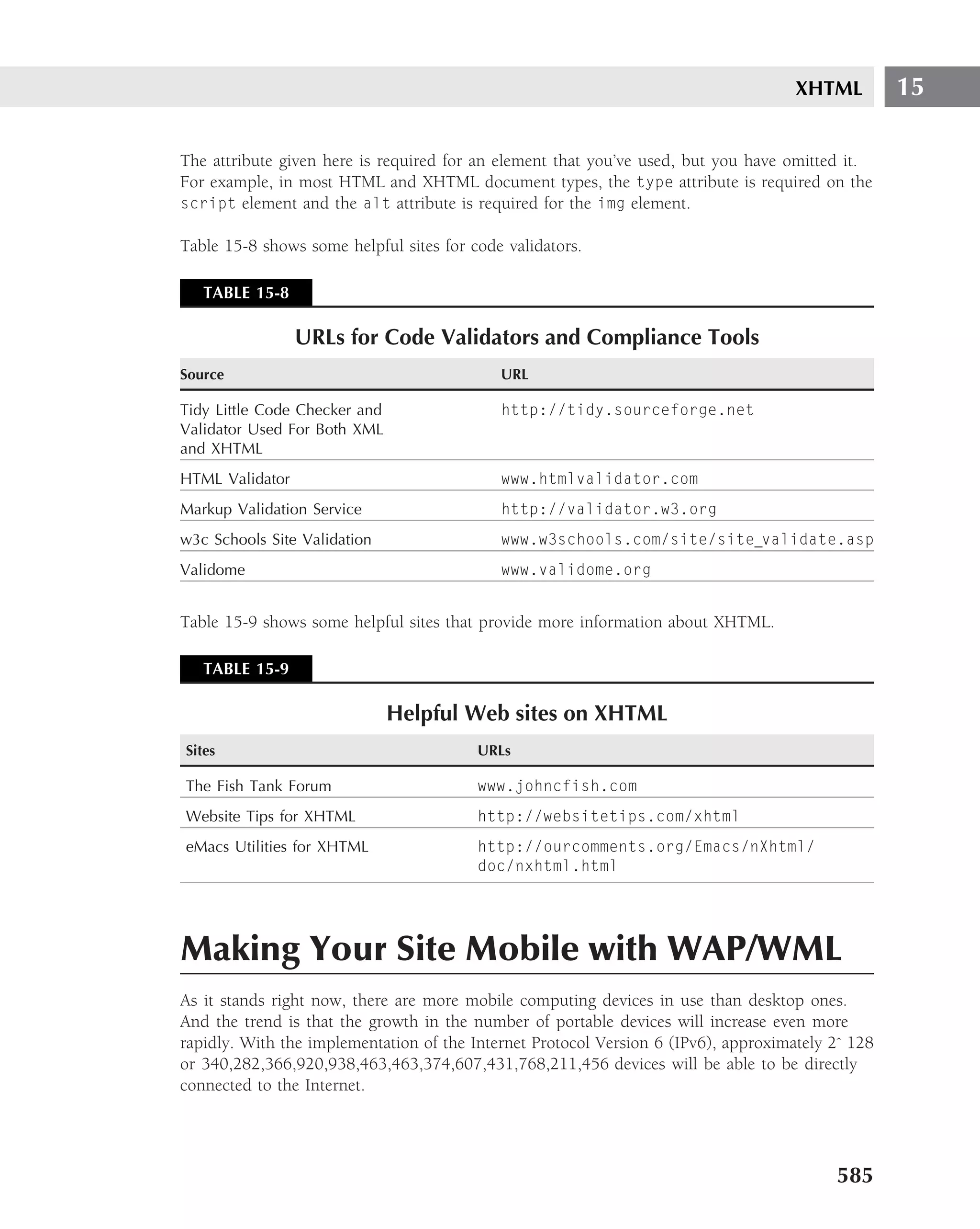 XHTML         15

The attribute given here is required for an element that you’ve used, but you have omitted it.
For example, in most HTML and XHTML document types, the type attribute is required on the
script element and the alt attribute is required for the img element.

Table 15-8 shows some helpful sites for code validators.

   TABLE 15-8

                 URLs for Code Validators and Compliance Tools
Source                                      URL

Tidy Little Code Checker and                http://tidy.sourceforge.net
Validator Used For Both XML
and XHTML
HTML Validator                              www.htmlvalidator.com
Markup Validation Service                   http://validator.w3.org
w3c Schools Site Validation                 www.w3schools.com/site/site validate.asp
Validome                                    www.validome.org


Table 15-9 shows some helpful sites that provide more information about XHTML.

   TABLE 15-9

                               Helpful Web sites on XHTML
Sites                                    URLs

The Fish Tank Forum                      www.johncfish.com
Website Tips for XHTML                   http://websitetips.com/xhtml
eMacs Utilities for XHTML                http://ourcomments.org/Emacs/nXhtml/
                                         doc/nxhtml.html




Making Your Site Mobile with WAP/WML
As it stands right now, there are more mobile computing devices in use than desktop ones.
And the trend is that the growth in the number of portable devices will increase even more
rapidly. With the implementation of the Internet Protocol Version 6 (IPv6), approximately 2ˆ 128
or 340,282,366,920,938,463,463,374,607,431,768,211,456 devices will be able to be directly
connected to the Internet.




                                                                                          585
 