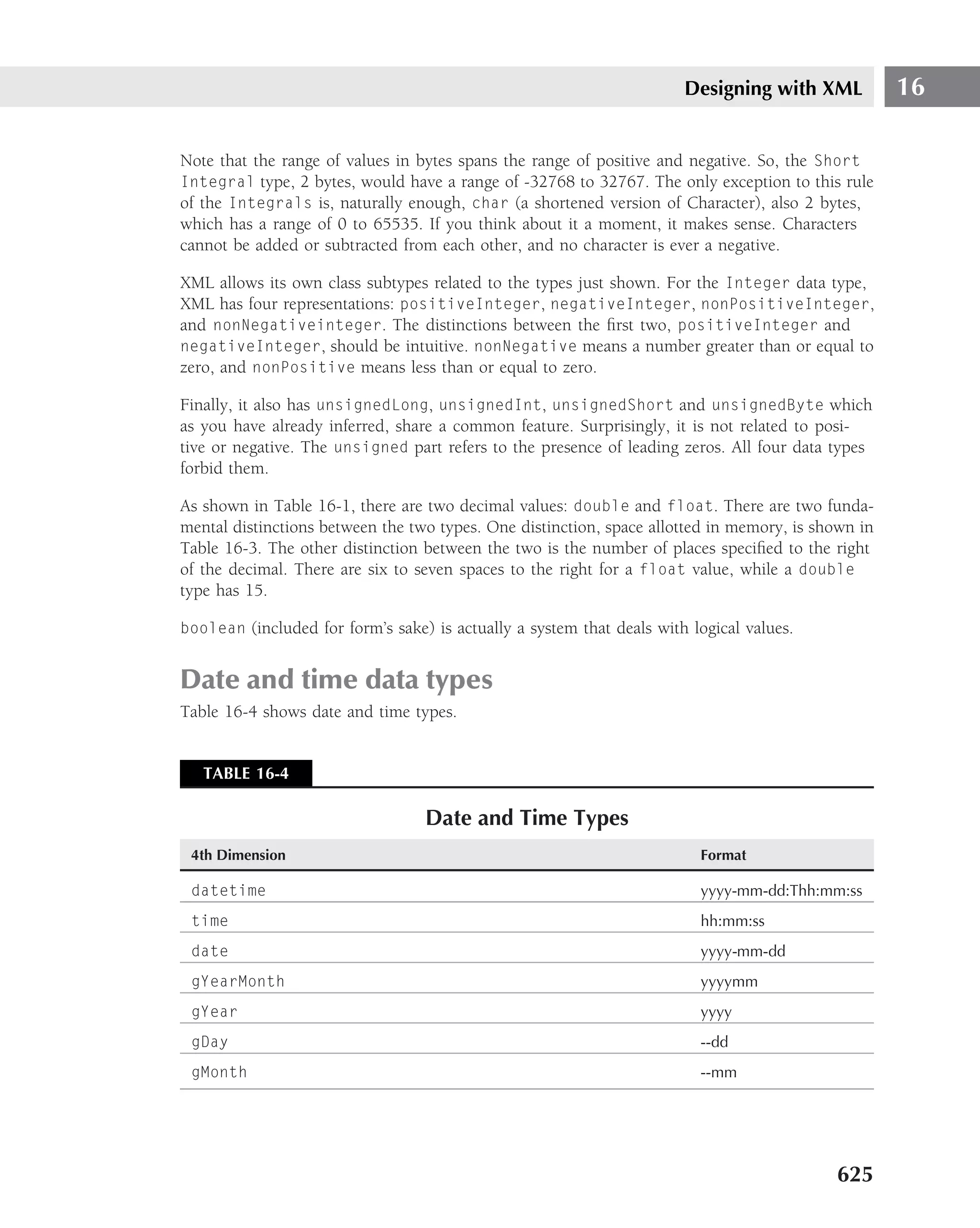 Designing with XML           16

Note that the range of values in bytes spans the range of positive and negative. So, the Short
Integral type, 2 bytes, would have a range of -32768 to 32767. The only exception to this rule
of the Integrals is, naturally enough, char (a shortened version of Character), also 2 bytes,
which has a range of 0 to 65535. If you think about it a moment, it makes sense. Characters
cannot be added or subtracted from each other, and no character is ever a negative.

XML allows its own class subtypes related to the types just shown. For the Integer data type,
XML has four representations: positiveInteger, negativeInteger, nonPositiveInteger,
and nonNegativeinteger. The distinctions between the ﬁrst two, positiveInteger and
negativeInteger, should be intuitive. nonNegative means a number greater than or equal to
zero, and nonPositive means less than or equal to zero.

Finally, it also has unsignedLong, unsignedInt, unsignedShort and unsignedByte which
as you have already inferred, share a common feature. Surprisingly, it is not related to posi-
tive or negative. The unsigned part refers to the presence of leading zeros. All four data types
forbid them.

As shown in Table 16-1, there are two decimal values: double and float. There are two funda-
mental distinctions between the two types. One distinction, space allotted in memory, is shown in
Table 16-3. The other distinction between the two is the number of places speciﬁed to the right
of the decimal. There are six to seven spaces to the right for a float value, while a double
type has 15.

boolean (included for form’s sake) is actually a system that deals with logical values.


Date and time data types
Table 16-4 shows date and time types.


   TABLE 16-4

                                  Date and Time Types
 4th Dimension                                                           Format

 datetime                                                                yyyy-mm-dd:Thh:mm:ss
 time                                                                    hh:mm:ss
 date                                                                    yyyy-mm-dd
 gYearMonth                                                              yyyymm
 gYear                                                                   yyyy
 gDay                                                                    --dd
 gMonth                                                                  --mm




                                                                                           625
 