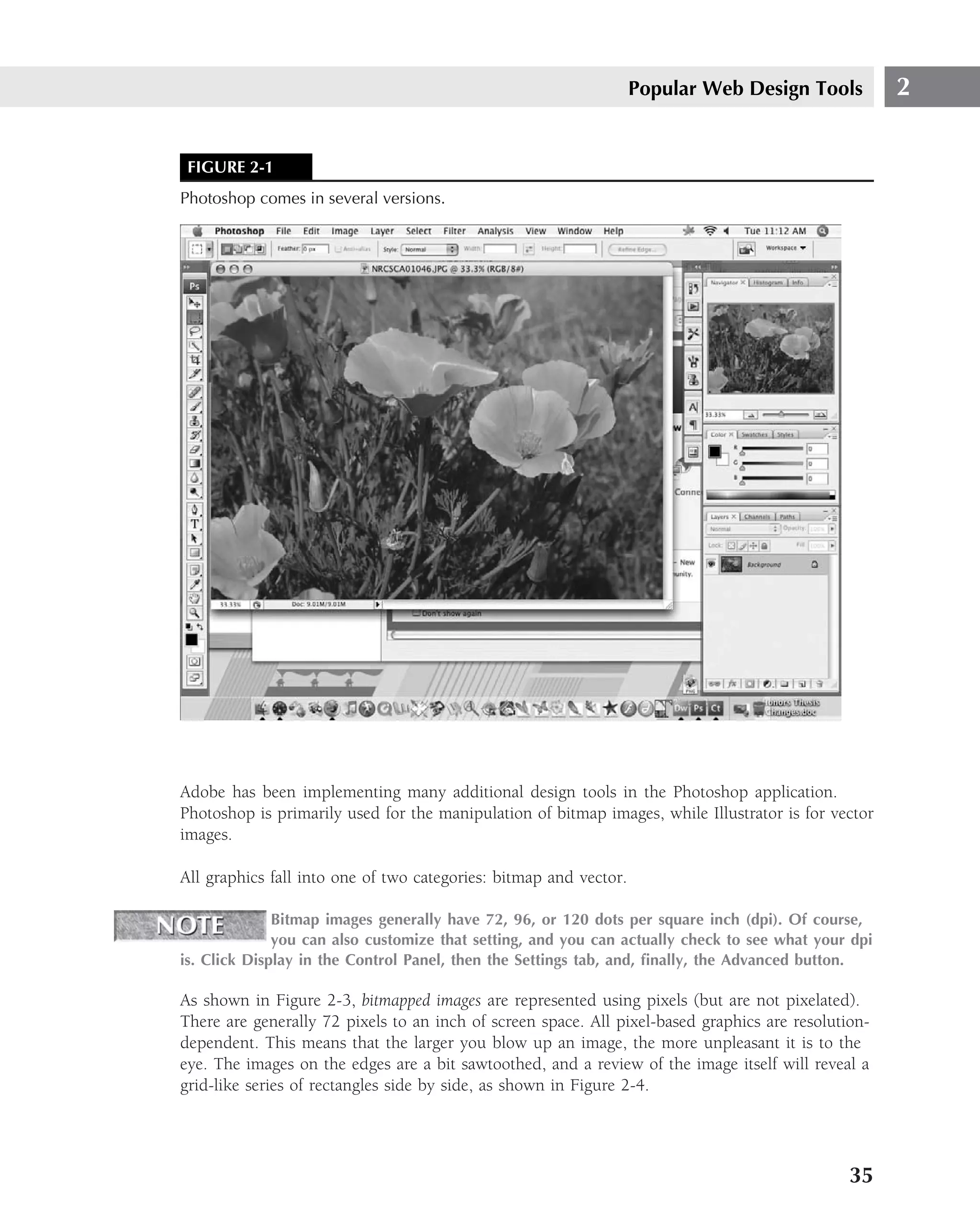 Popular Web Design Tools          2


 FIGURE 2-1
Photoshop comes in several versions.




Adobe has been implementing many additional design tools in the Photoshop application.
Photoshop is primarily used for the manipulation of bitmap images, while Illustrator is for vector
images.

All graphics fall into one of two categories: bitmap and vector.

              Bitmap images generally have 72, 96, or 120 dots per square inch (dpi). Of course,
              you can also customize that setting, and you can actually check to see what your dpi
is. Click Display in the Control Panel, then the Settings tab, and, ﬁnally, the Advanced button.

As shown in Figure 2-3, bitmapped images are represented using pixels (but are not pixelated).
There are generally 72 pixels to an inch of screen space. All pixel-based graphics are resolution-
dependent. This means that the larger you blow up an image, the more unpleasant it is to the
eye. The images on the edges are a bit sawtoothed, and a review of the image itself will reveal a
grid-like series of rectangles side by side, as shown in Figure 2-4.




                                                                                               35
 