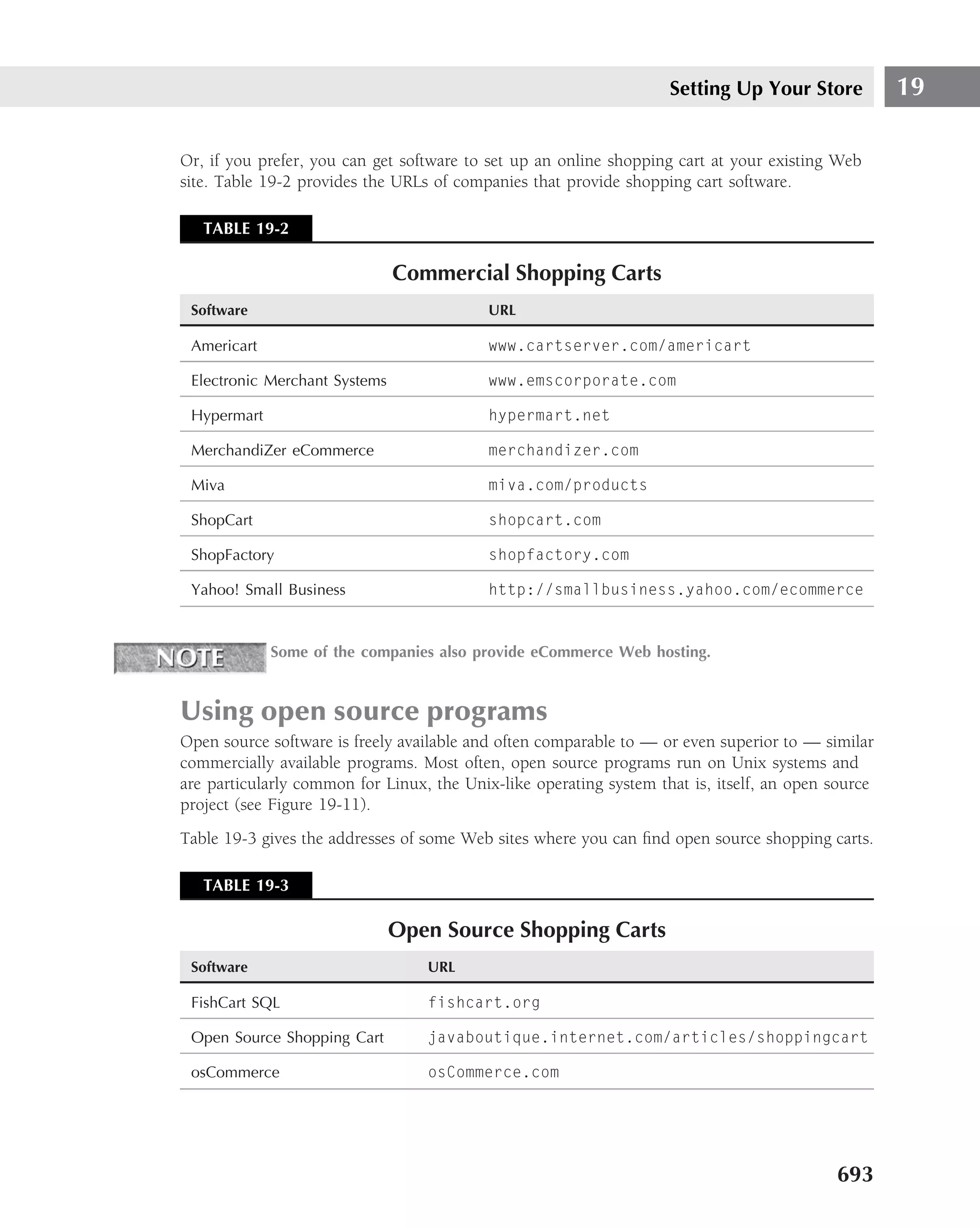 Setting Up Your Store           19

Or, if you prefer, you can get software to set up an online shopping cart at your existing Web
site. Table 19-2 provides the URLs of companies that provide shopping cart software.

   TABLE 19-2

                               Commercial Shopping Carts
 Software                                  URL

 Americart                                 www.cartserver.com/americart

 Electronic Merchant Systems               www.emscorporate.com

 Hypermart                                 hypermart.net

 MerchandiZer eCommerce                    merchandizer.com

 Miva                                      miva.com/products

 ShopCart                                  shopcart.com

 ShopFactory                               shopfactory.com

 Yahoo! Small Business                     http://smallbusiness.yahoo.com/ecommerce


             Some of the companies also provide eCommerce Web hosting.



Using open source programs
Open source software is freely available and often comparable to — or even superior to — similar
commercially available programs. Most often, open source programs run on Unix systems and
are particularly common for Linux, the Unix-like operating system that is, itself, an open source
project (see Figure 19-11).
Table 19-3 gives the addresses of some Web sites where you can ﬁnd open source shopping carts.

   TABLE 19-3

                               Open Source Shopping Carts
 Software                         URL

 FishCart SQL                     fishcart.org

 Open Source Shopping Cart        javaboutique.internet.com/articles/shoppingcart

 osCommerce                       osCommerce.com




                                                                                           693
 