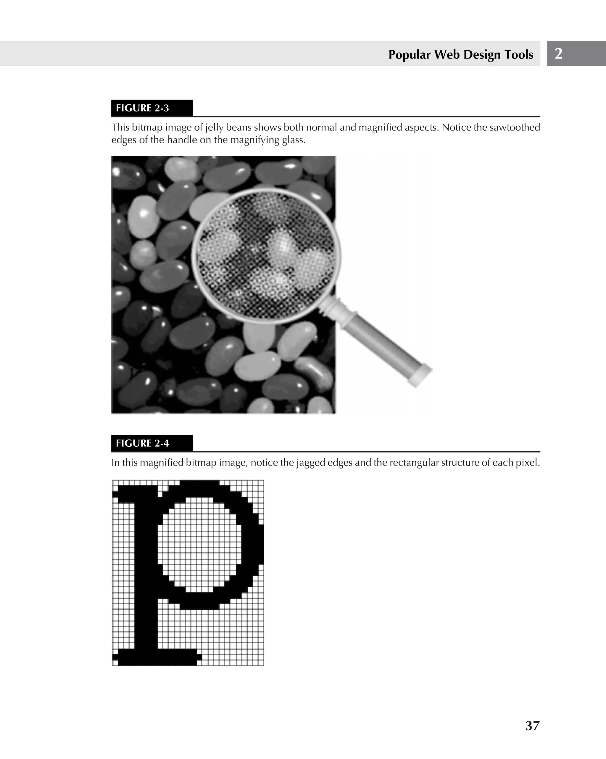 Popular Web Design Tools               2


 FIGURE 2-3
This bitmap image of jelly beans shows both normal and magniﬁed aspects. Notice the sawtoothed
edges of the handle on the magnifying glass.




 FIGURE 2-4
In this magniﬁed bitmap image, notice the jagged edges and the rectangular structure of each pixel.




                                                                                               37
 