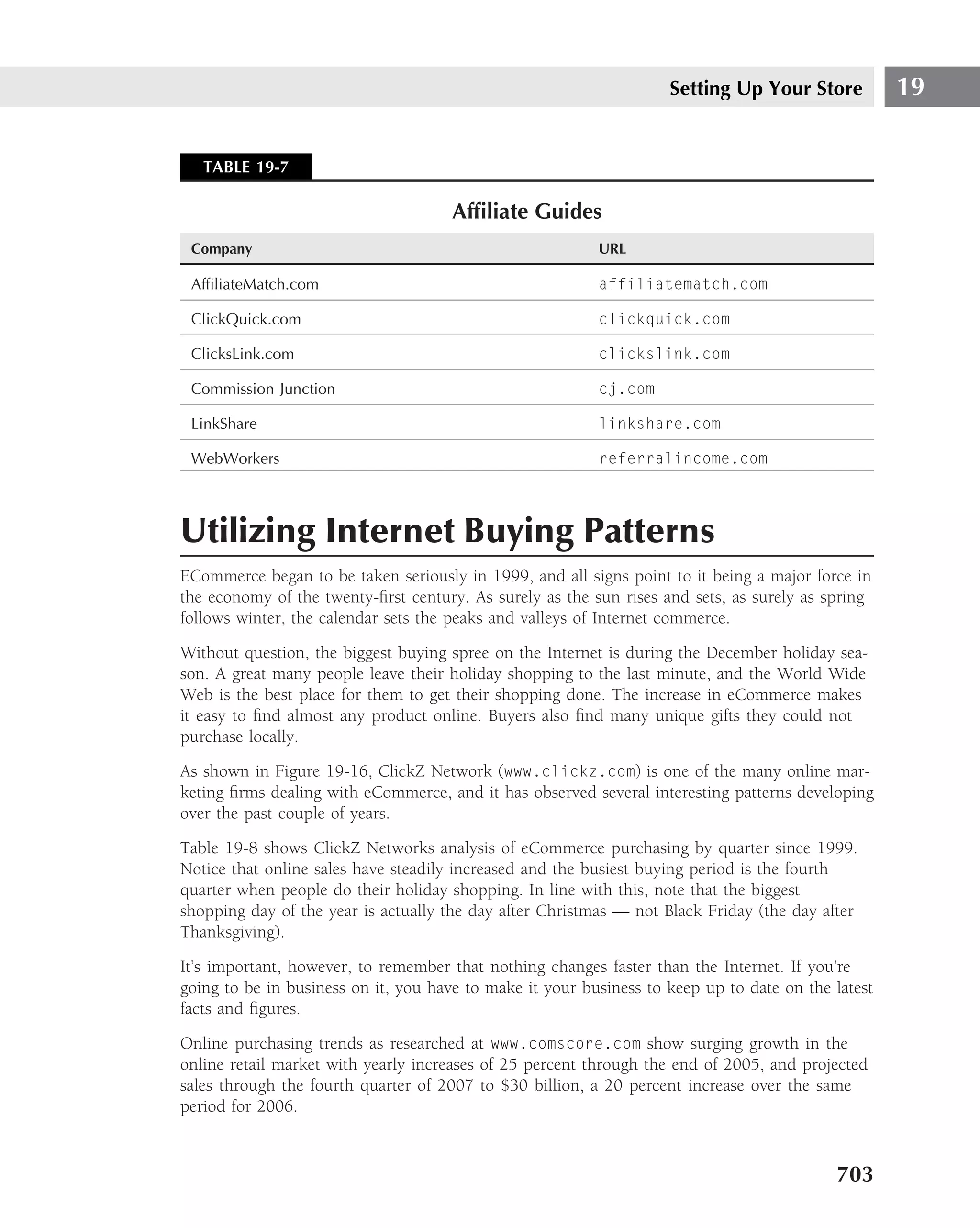 Setting Up Your Store           19


   TABLE 19-7

                                      Afﬁliate Guides
 Company                                                  URL

 AfﬁliateMatch.com                                        affiliatematch.com

 ClickQuick.com                                           clickquick.com

 ClicksLink.com                                           clickslink.com

 Commission Junction                                      cj.com

 LinkShare                                                linkshare.com

 WebWorkers                                               referralincome.com




Utilizing Internet Buying Patterns
ECommerce began to be taken seriously in 1999, and all signs point to it being a major force in
the economy of the twenty-ﬁrst century. As surely as the sun rises and sets, as surely as spring
follows winter, the calendar sets the peaks and valleys of Internet commerce.
Without question, the biggest buying spree on the Internet is during the December holiday sea-
son. A great many people leave their holiday shopping to the last minute, and the World Wide
Web is the best place for them to get their shopping done. The increase in eCommerce makes
it easy to ﬁnd almost any product online. Buyers also ﬁnd many unique gifts they could not
purchase locally.
As shown in Figure 19-16, ClickZ Network (www.clickz.com) is one of the many online mar-
keting ﬁrms dealing with eCommerce, and it has observed several interesting patterns developing
over the past couple of years.
Table 19-8 shows ClickZ Networks analysis of eCommerce purchasing by quarter since 1999.
Notice that online sales have steadily increased and the busiest buying period is the fourth
quarter when people do their holiday shopping. In line with this, note that the biggest
shopping day of the year is actually the day after Christmas — not Black Friday (the day after
Thanksgiving).
It’s important, however, to remember that nothing changes faster than the Internet. If you’re
going to be in business on it, you have to make it your business to keep up to date on the latest
facts and ﬁgures.
Online purchasing trends as researched at www.comscore.com show surging growth in the
online retail market with yearly increases of 25 percent through the end of 2005, and projected
sales through the fourth quarter of 2007 to $30 billion, a 20 percent increase over the same
period for 2006.



                                                                                           703
 