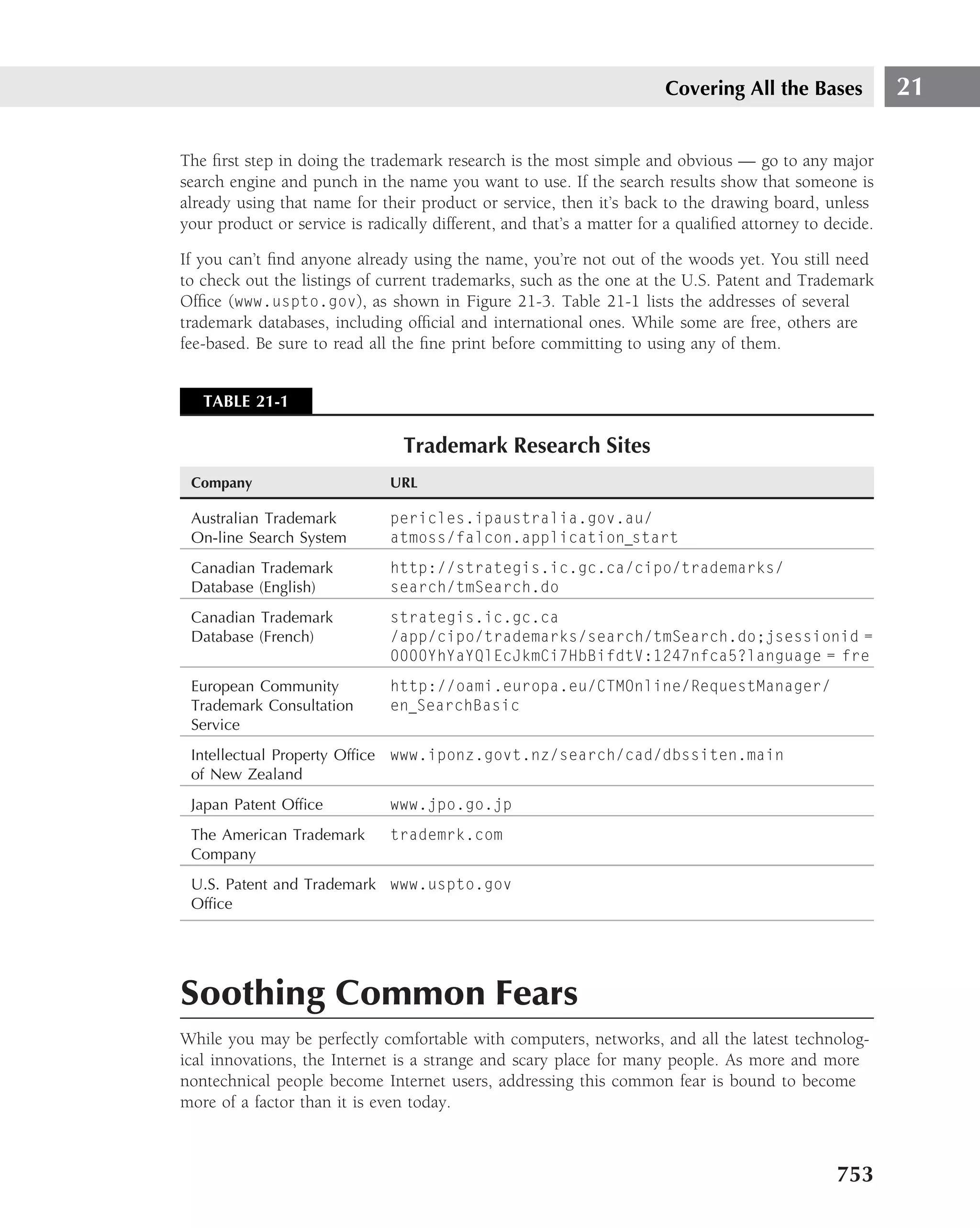 Covering All the Bases            21

The ﬁrst step in doing the trademark research is the most simple and obvious — go to any major
search engine and punch in the name you want to use. If the search results show that someone is
already using that name for their product or service, then it’s back to the drawing board, unless
your product or service is radically different, and that’s a matter for a qualiﬁed attorney to decide.

If you can’t ﬁnd anyone already using the name, you’re not out of the woods yet. You still need
to check out the listings of current trademarks, such as the one at the U.S. Patent and Trademark
Ofﬁce (www.uspto.gov), as shown in Figure 21-3. Table 21-1 lists the addresses of several
trademark databases, including ofﬁcial and international ones. While some are free, others are
fee-based. Be sure to read all the ﬁne print before committing to using any of them.


   TABLE 21-1

                                Trademark Research Sites
 Company                      URL

 Australian Trademark         pericles.ipaustralia.gov.au/
 On-line Search System        atmoss/falcon.application start
 Canadian Trademark           http://strategis.ic.gc.ca/cipo/trademarks/
 Database (English)           search/tmSearch.do
 Canadian Trademark           strategis.ic.gc.ca
 Database (French)            /app/cipo/trademarks/search/tmSearch.do;jsessionid =
                              0000YhYaYQlEcJkmCi7HbBifdtV:1247nfca5?language = fre
 European Community           http://oami.europa.eu/CTMOnline/RequestManager/
 Trademark Consultation       en SearchBasic
 Service
 Intellectual Property Ofﬁce www.iponz.govt.nz/search/cad/dbssiten.main
 of New Zealand
 Japan Patent Ofﬁce           www.jpo.go.jp
 The American Trademark       trademrk.com
 Company
 U.S. Patent and Trademark www.uspto.gov
 Ofﬁce




Soothing Common Fears
While you may be perfectly comfortable with computers, networks, and all the latest technolog-
ical innovations, the Internet is a strange and scary place for many people. As more and more
nontechnical people become Internet users, addressing this common fear is bound to become
more of a factor than it is even today.



                                                                                                753
 