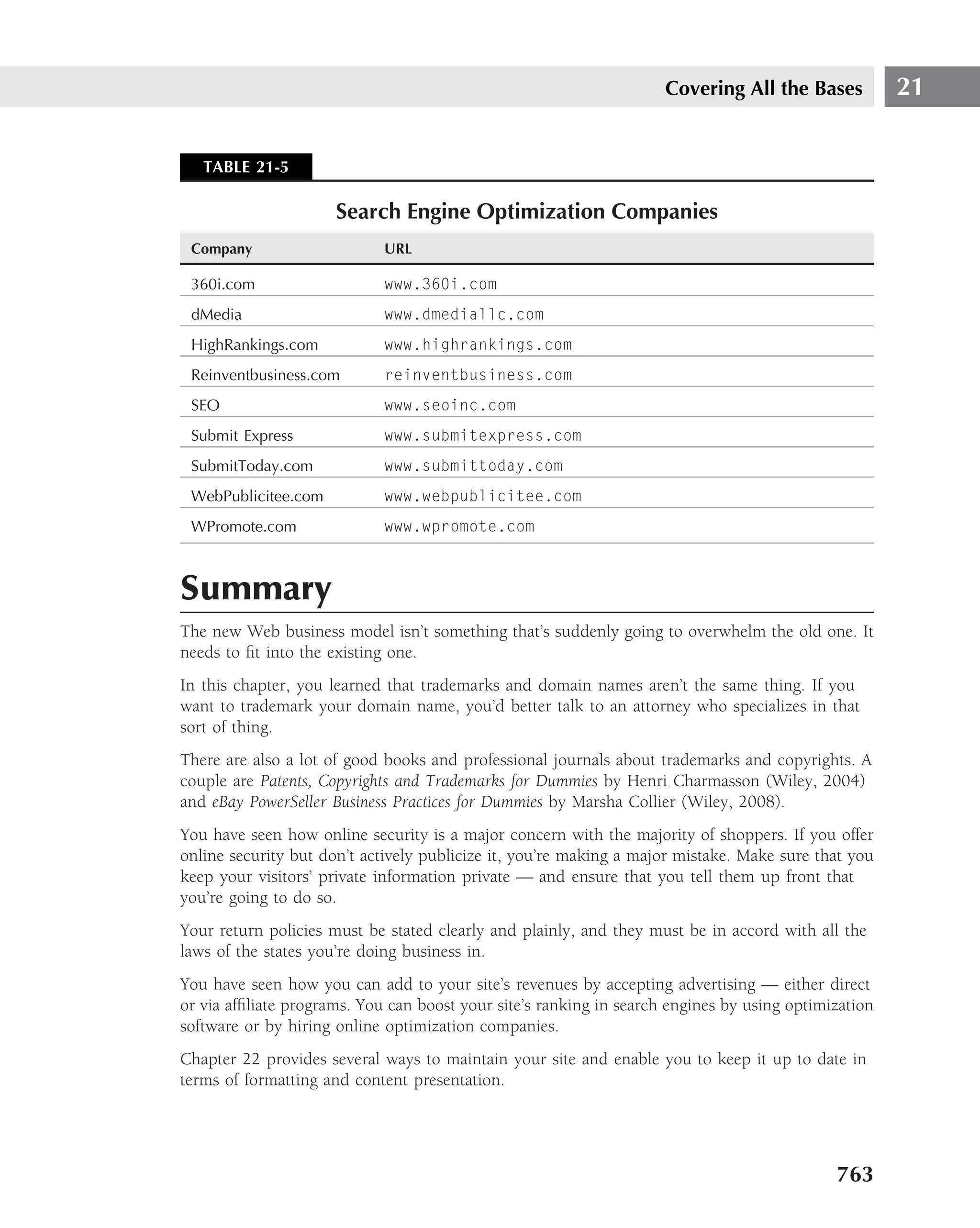 Covering All the Bases           21


   TABLE 21-5

                      Search Engine Optimization Companies
 Company                     URL

 360i.com                    www.360i.com
 dMedia                      www.dmediallc.com
 HighRankings.com            www.highrankings.com
 Reinventbusiness.com        reinventbusiness.com
 SEO                         www.seoinc.com
 Submit Express              www.submitexpress.com
 SubmitToday.com             www.submittoday.com
 WebPublicitee.com           www.webpublicitee.com
 WPromote.com                www.wpromote.com



Summary
The new Web business model isn’t something that’s suddenly going to overwhelm the old one. It
needs to ﬁt into the existing one.
In this chapter, you learned that trademarks and domain names aren’t the same thing. If you
want to trademark your domain name, you’d better talk to an attorney who specializes in that
sort of thing.
There are also a lot of good books and professional journals about trademarks and copyrights. A
couple are Patents, Copyrights and Trademarks for Dummies by Henri Charmasson (Wiley, 2004)
and eBay PowerSeller Business Practices for Dummies by Marsha Collier (Wiley, 2008).
You have seen how online security is a major concern with the majority of shoppers. If you offer
online security but don’t actively publicize it, you’re making a major mistake. Make sure that you
keep your visitors’ private information private — and ensure that you tell them up front that
you’re going to do so.
Your return policies must be stated clearly and plainly, and they must be in accord with all the
laws of the states you’re doing business in.
You have seen how you can add to your site’s revenues by accepting advertising — either direct
or via afﬁliate programs. You can boost your site’s ranking in search engines by using optimization
software or by hiring online optimization companies.
Chapter 22 provides several ways to maintain your site and enable you to keep it up to date in
terms of formatting and content presentation.




                                                                                             763
 