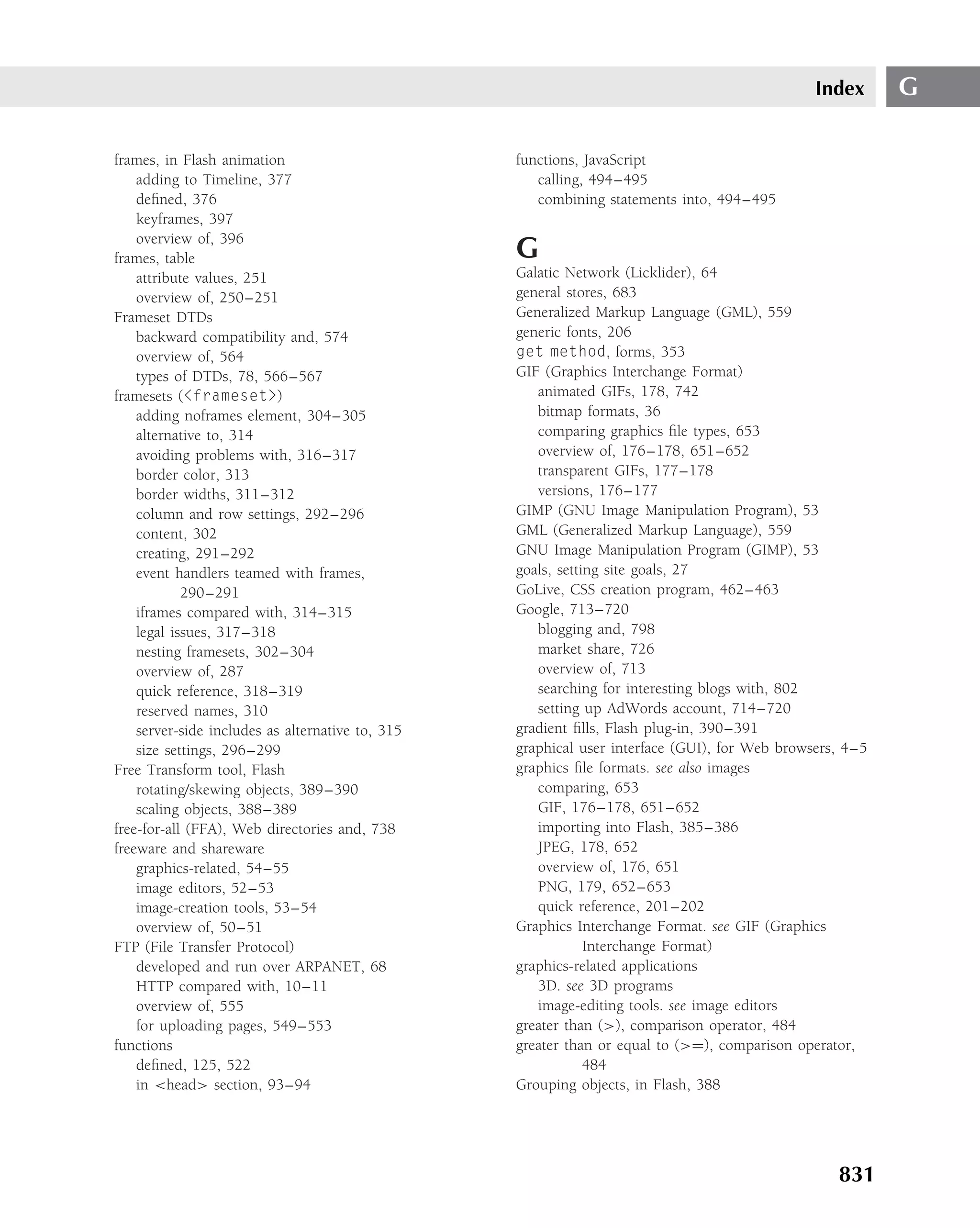 Index      G

frames, in Flash animation                        functions, JavaScript
    adding to Timeline, 377                          calling, 494–495
    deﬁned, 376                                      combining statements into, 494–495
    keyframes, 397
    overview of, 396
frames, table                                     G
    attribute values, 251                         Galatic Network (Licklider), 64
    overview of, 250–251                          general stores, 683
Frameset DTDs                                     Generalized Markup Language (GML), 559
    backward compatibility and, 574               generic fonts, 206
    overview of, 564                              get method, forms, 353
    types of DTDs, 78, 566–567                    GIF (Graphics Interchange Format)
framesets (<frameset>)                               animated GIFs, 178, 742
    adding noframes element, 304–305                 bitmap formats, 36
    alternative to, 314                              comparing graphics ﬁle types, 653
    avoiding problems with, 316–317                  overview of, 176–178, 651–652
    border color, 313                                transparent GIFs, 177–178
    border widths, 311–312                           versions, 176–177
    column and row settings, 292–296              GIMP (GNU Image Manipulation Program), 53
    content, 302                                  GML (Generalized Markup Language), 559
    creating, 291–292                             GNU Image Manipulation Program (GIMP), 53
    event handlers teamed with frames,            goals, setting site goals, 27
            290–291                               GoLive, CSS creation program, 462–463
    iframes compared with, 314–315                Google, 713–720
    legal issues, 317–318                            blogging and, 798
    nesting framesets, 302–304                       market share, 726
    overview of, 287                                 overview of, 713
    quick reference, 318–319                         searching for interesting blogs with, 802
    reserved names, 310                              setting up AdWords account, 714–720
    server-side includes as alternative to, 315   gradient ﬁlls, Flash plug-in, 390–391
    size settings, 296–299                        graphical user interface (GUI), for Web browsers, 4–5
Free Transform tool, Flash                        graphics ﬁle formats. see also images
    rotating/skewing objects, 389–390                comparing, 653
    scaling objects, 388–389                         GIF, 176–178, 651–652
free-for-all (FFA), Web directories and, 738         importing into Flash, 385–386
freeware and shareware                               JPEG, 178, 652
    graphics-related, 54–55                          overview of, 176, 651
    image editors, 52–53                             PNG, 179, 652–653
    image-creation tools, 53–54                      quick reference, 201–202
    overview of, 50–51                            Graphics Interchange Format. see GIF (Graphics
FTP (File Transfer Protocol)                                  Interchange Format)
    developed and run over ARPANET, 68            graphics-related applications
    HTTP compared with, 10–11                        3D. see 3D programs
    overview of, 555                                 image-editing tools. see image editors
    for uploading pages, 549–553                  greater than (>), comparison operator, 484
functions                                         greater than or equal to (>=), comparison operator,
    deﬁned, 125, 522                                          484
    in <head> section, 93–94                      Grouping objects, in Flash, 388




                                                                                                  831
 
