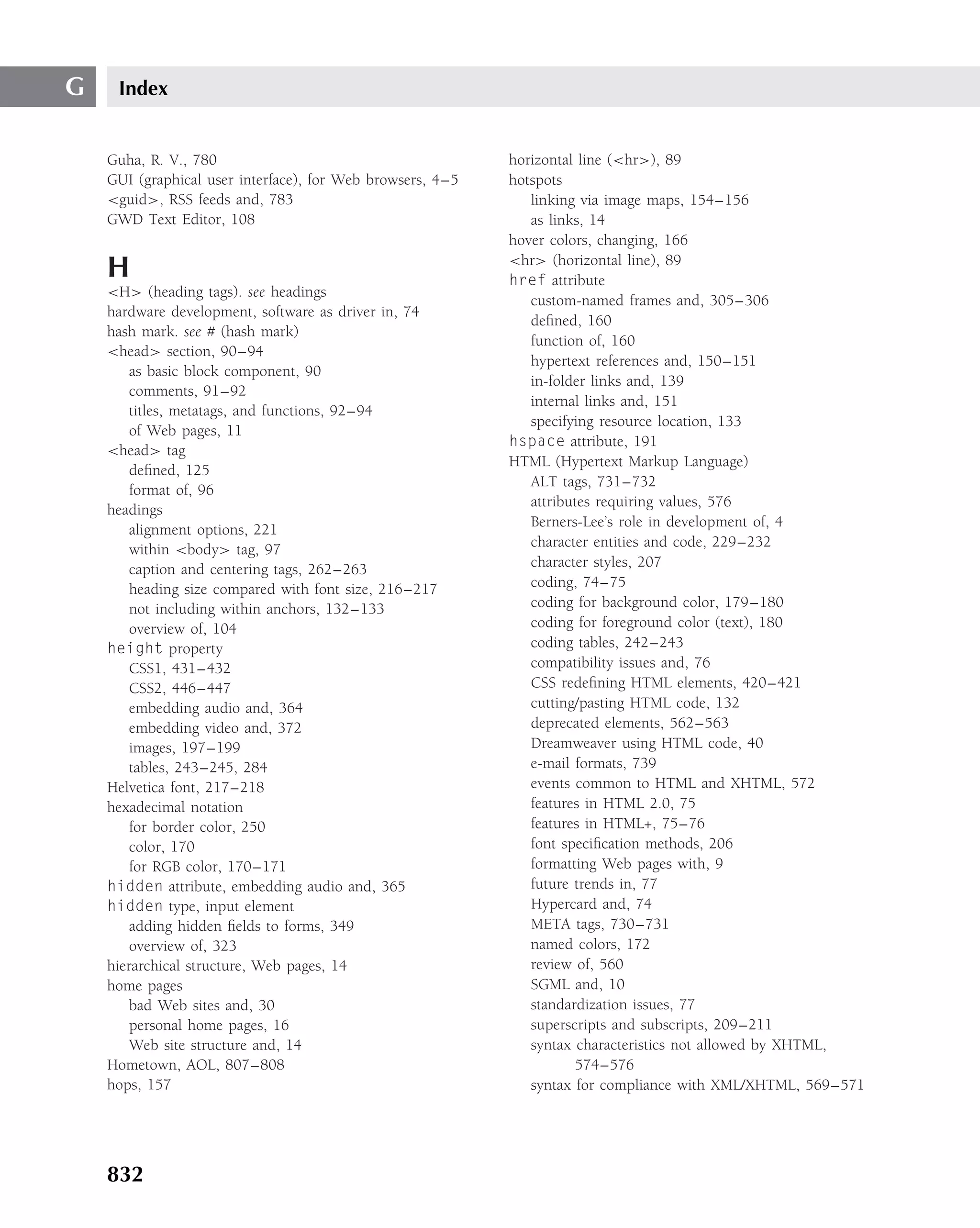 G    Index


    Guha, R. V., 780                                        horizontal line (<hr>), 89
    GUI (graphical user interface), for Web browsers, 4–5   hotspots
    <guid>, RSS feeds and, 783                                 linking via image maps, 154–156
    GWD Text Editor, 108                                       as links, 14
                                                            hover colors, changing, 166
                                                            <hr> (horizontal line), 89
    H                                                       href attribute
    <H> (heading tags). see headings
                                                               custom-named frames and, 305–306
    hardware development, software as driver in, 74
                                                               deﬁned, 160
    hash mark. see # (hash mark)
                                                               function of, 160
    <head> section, 90–94
                                                               hypertext references and, 150–151
        as basic block component, 90
                                                               in-folder links and, 139
        comments, 91–92
                                                               internal links and, 151
        titles, metatags, and functions, 92–94
                                                               specifying resource location, 133
        of Web pages, 11
                                                            hspace attribute, 191
    <head> tag
                                                            HTML (Hypertext Markup Language)
        deﬁned, 125
                                                               ALT tags, 731–732
        format of, 96
                                                               attributes requiring values, 576
    headings
                                                               Berners-Lee’s role in development of, 4
        alignment options, 221
        within <body> tag, 97                                  character entities and code, 229–232
        caption and centering tags, 262–263                    character styles, 207
        heading size compared with font size, 216–217          coding, 74–75
        not including within anchors, 132–133                  coding for background color, 179–180
        overview of, 104                                       coding for foreground color (text), 180
    height property                                            coding tables, 242–243
        CSS1, 431–432                                          compatibility issues and, 76
        CSS2, 446–447                                          CSS redeﬁning HTML elements, 420–421
        embedding audio and, 364                               cutting/pasting HTML code, 132
        embedding video and, 372                               deprecated elements, 562–563
        images, 197–199                                        Dreamweaver using HTML code, 40
        tables, 243–245, 284                                   e-mail formats, 739
    Helvetica font, 217–218                                    events common to HTML and XHTML, 572
    hexadecimal notation                                       features in HTML 2.0, 75
        for border color, 250                                  features in HTML+, 75–76
        color, 170                                             font speciﬁcation methods, 206
        for RGB color, 170–171                                 formatting Web pages with, 9
    hidden attribute, embedding audio and, 365                 future trends in, 77
    hidden type, input element                                 Hypercard and, 74
        adding hidden ﬁelds to forms, 349                      META tags, 730–731
        overview of, 323                                       named colors, 172
    hierarchical structure, Web pages, 14                      review of, 560
    home pages                                                 SGML and, 10
        bad Web sites and, 30                                  standardization issues, 77
        personal home pages, 16                                superscripts and subscripts, 209–211
        Web site structure and, 14                             syntax characteristics not allowed by XHTML,
    Hometown, AOL, 807–808                                            574–576
    hops, 157                                                  syntax for compliance with XML/XHTML, 569–571




    832
 