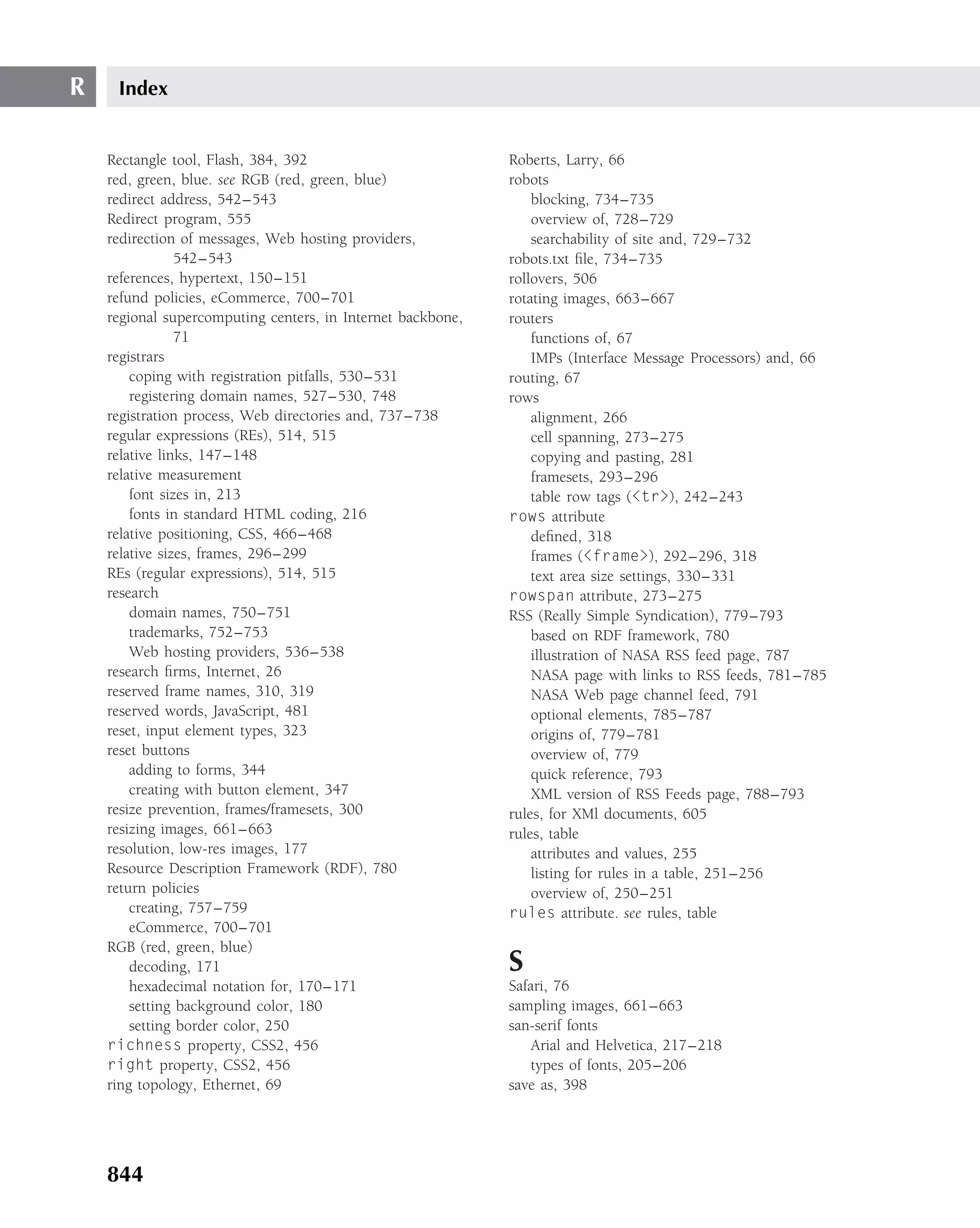 R    Index


    Rectangle tool, Flash, 384, 392                          Roberts, Larry, 66
    red, green, blue. see RGB (red, green, blue)             robots
    redirect address, 542–543                                    blocking, 734–735
    Redirect program, 555                                        overview of, 728–729
    redirection of messages, Web hosting providers,              searchability of site and, 729–732
                542–543                                      robots.txt ﬁle, 734–735
    references, hypertext, 150–151                           rollovers, 506
    refund policies, eCommerce, 700–701                      rotating images, 663–667
    regional supercomputing centers, in Internet backbone,   routers
                71                                               functions of, 67
    registrars                                                   IMPs (Interface Message Processors) and, 66
        coping with registration pitfalls, 530–531           routing, 67
        registering domain names, 527–530, 748               rows
    registration process, Web directories and, 737–738           alignment, 266
    regular expressions (REs), 514, 515                          cell spanning, 273–275
    relative links, 147–148                                      copying and pasting, 281
    relative measurement                                         framesets, 293–296
        font sizes in, 213                                       table row tags (<tr>), 242–243
        fonts in standard HTML coding, 216                   rows attribute
    relative positioning, CSS, 466–468                           deﬁned, 318
    relative sizes, frames, 296–299                              frames (<frame>), 292–296, 318
    REs (regular expressions), 514, 515                          text area size settings, 330–331
    research                                                 rowspan attribute, 273–275
        domain names, 750–751                                RSS (Really Simple Syndication), 779–793
        trademarks, 752–753                                      based on RDF framework, 780
        Web hosting providers, 536–538                           illustration of NASA RSS feed page, 787
    research ﬁrms, Internet, 26                                  NASA page with links to RSS feeds, 781–785
    reserved frame names, 310, 319                               NASA Web page channel feed, 791
    reserved words, JavaScript, 481                              optional elements, 785–787
    reset, input element types, 323                              origins of, 779–781
    reset buttons                                                overview of, 779
        adding to forms, 344                                     quick reference, 793
        creating with button element, 347                        XML version of RSS Feeds page, 788–793
    resize prevention, frames/framesets, 300                 rules, for XMl documents, 605
    resizing images, 661–663                                 rules, table
    resolution, low-res images, 177                              attributes and values, 255
    Resource Description Framework (RDF), 780                    listing for rules in a table, 251–256
    return policies                                              overview of, 250–251
        creating, 757–759                                    rules attribute. see rules, table
        eCommerce, 700–701
    RGB (red, green, blue)
        decoding, 171                                        S
        hexadecimal notation for, 170–171                    Safari, 76
        setting background color, 180                        sampling images, 661–663
        setting border color, 250                            san-serif fonts
    richness property, CSS2, 456                                 Arial and Helvetica, 217–218
    right property, CSS2, 456                                    types of fonts, 205–206
    ring topology, Ethernet, 69                              save as, 398




    844
 