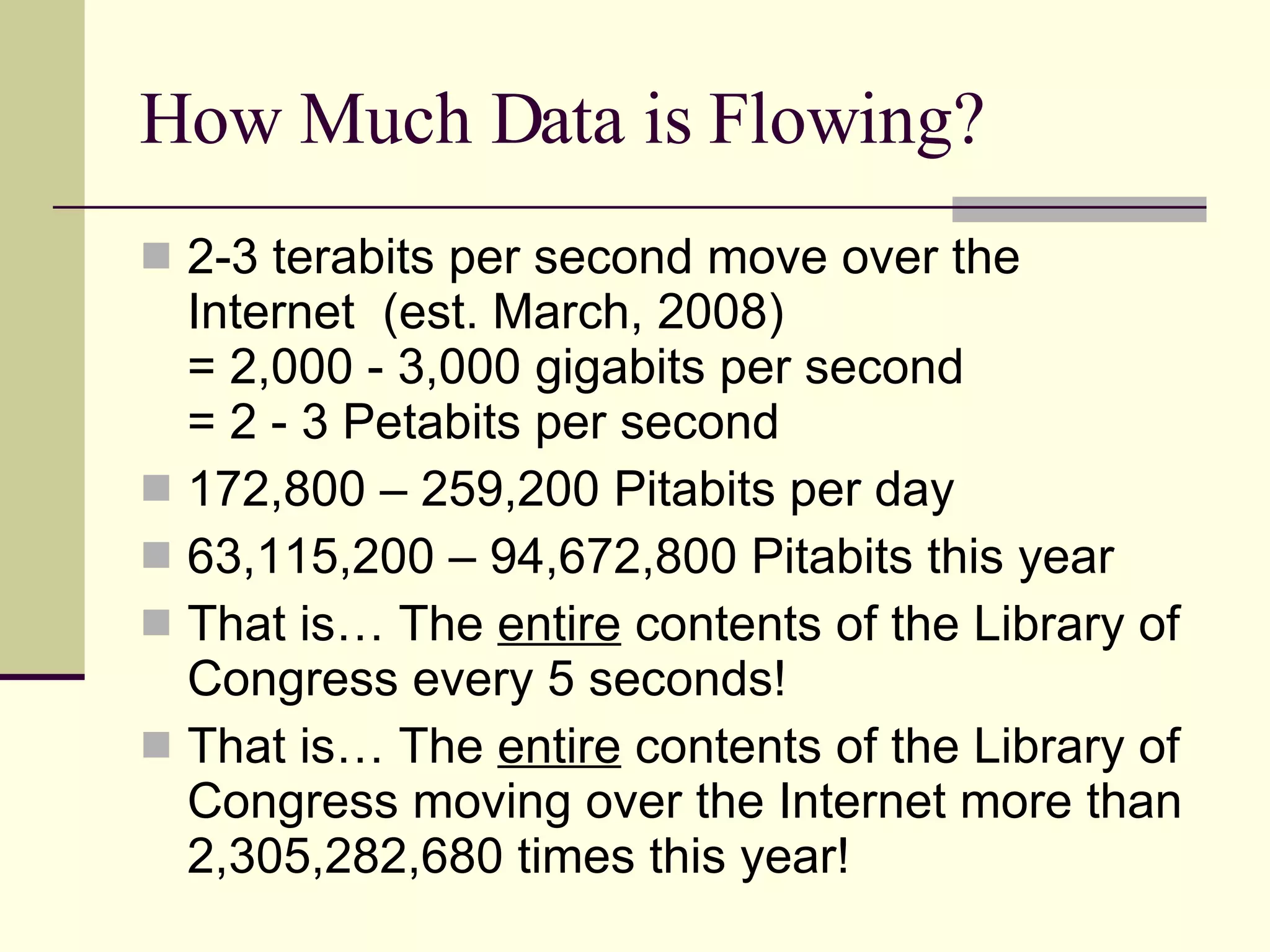 How Much Data is Flowing? 2-3 terabits per second move over the Internet   (est. March, 2008) = 2,000 - 3,000 gigabits per second = 2 - 3 Petabits per second 172,800 – 259,200 Pitabits per day 63,115,200 – 94,672,800 Pitabits this year That is… The  entire  contents of the Library of Congress every 5 seconds! That is… The  entire  contents of the Library of Congress moving over the Internet more than 2,305,282,680 times this year! 
