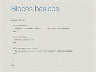 Blocos básicos
grammar Mirror


  rule statements
      (spaces? statement spaces? "." spaces?)* <Statements>
  end


  rule statement
      message_expression
  end


  rule message_expression
      keyword_expression / binary_expression / unary_expression
  end


  # ...


end
 