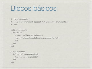 Blocos básicos
#     rule statements
#         (spaces? statement spaces? "." spaces?)* <Statements>
#     end


module Statements
    def build
       elements.collect do |element|
            Ast::Statement.new(element.statement.build)
       end
    end
end


class Statement
    def initialize(expression)
       @expression = expression
    end
end
 