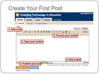Create Your First Post1. Add a title3. Format your content2. Type your content4. Add a label5. Publish your post