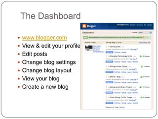 The Dashboardwww.blogger.comView & edit your profileEdit postsChange blog settingsChange blog layoutView your blogCreate a new blog