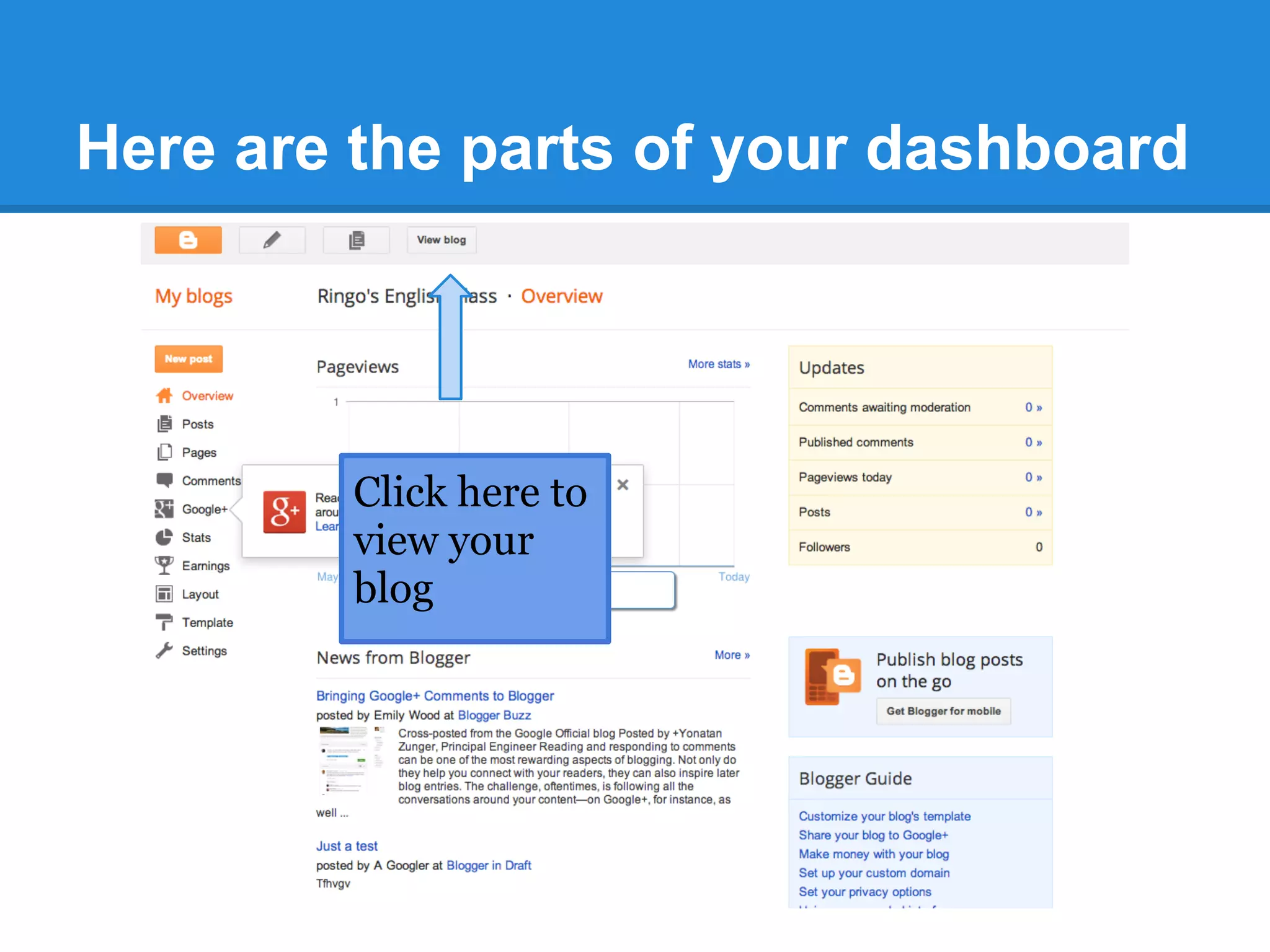Here are the parts of your dashboard
Click here to
view your
blog
 