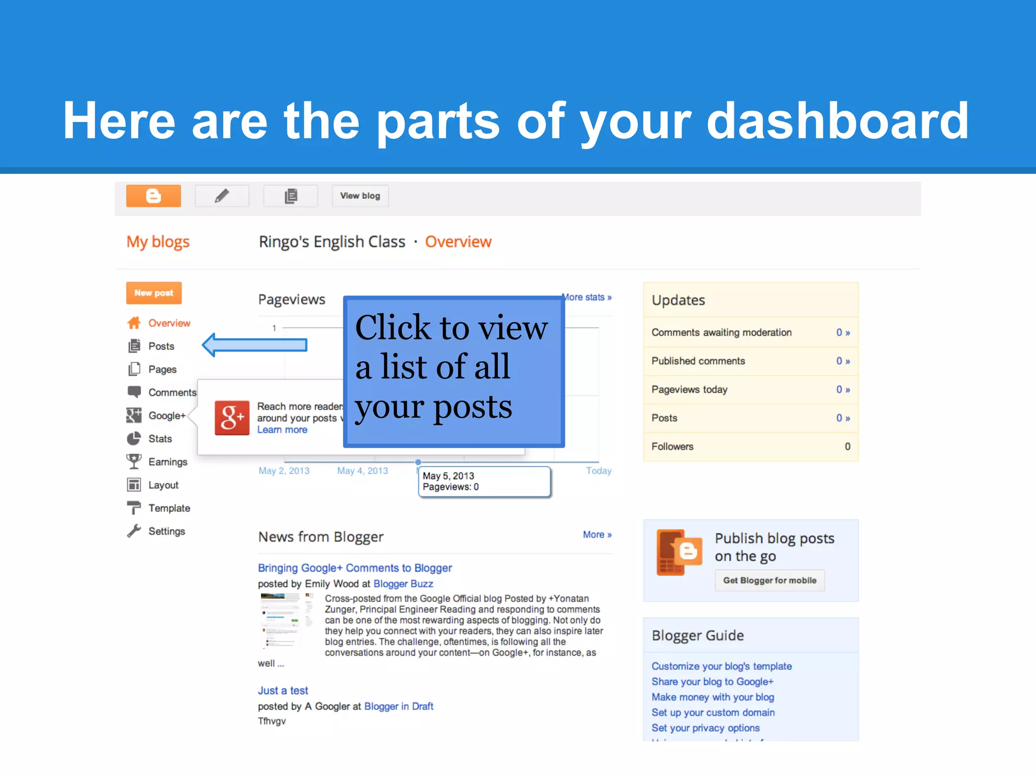 Here are the parts of your dashboard
Click to view
a list of all
your posts
 