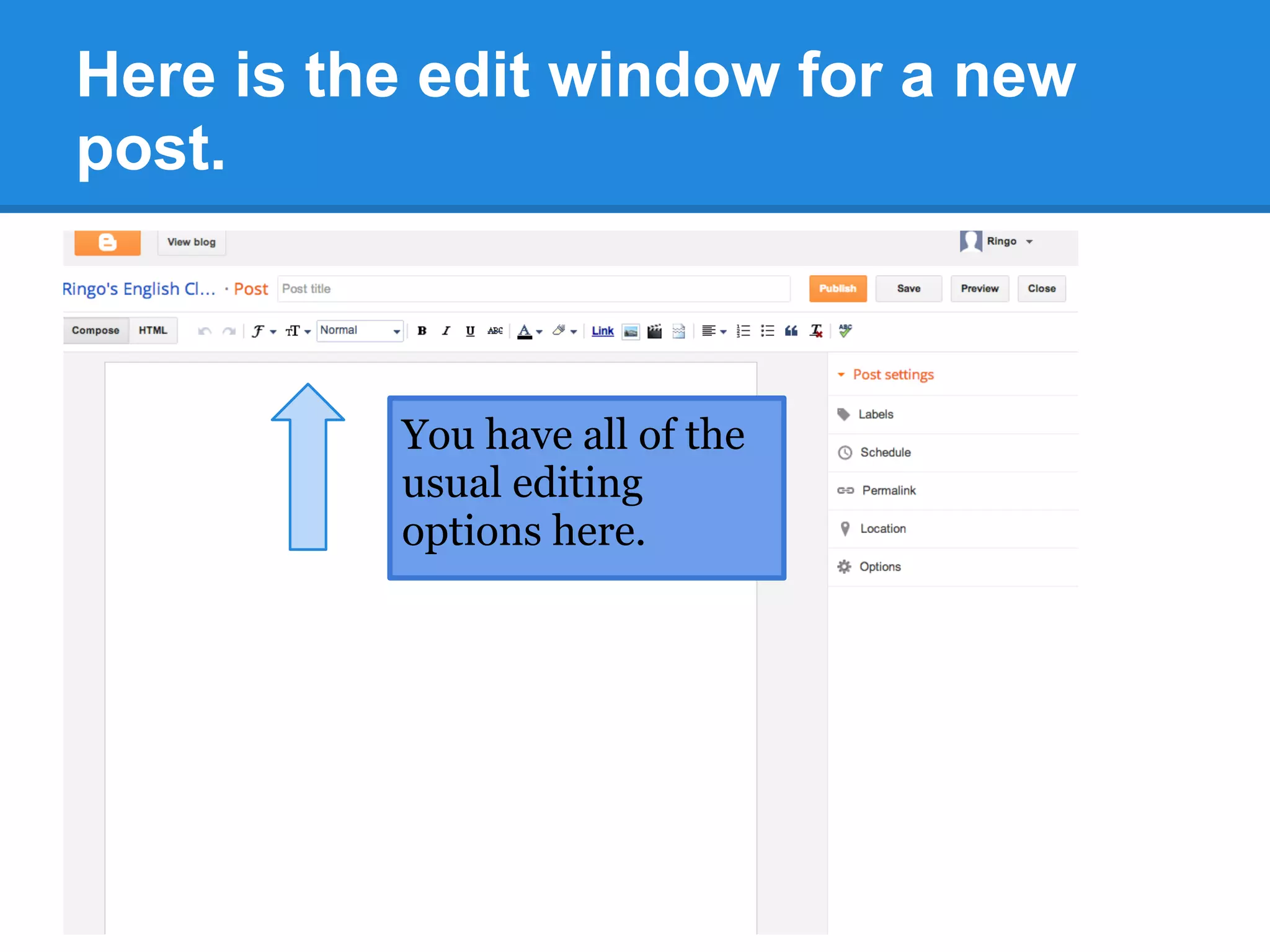 Here is the edit window for a new
post.
You have all of the
usual editing
options here.
 