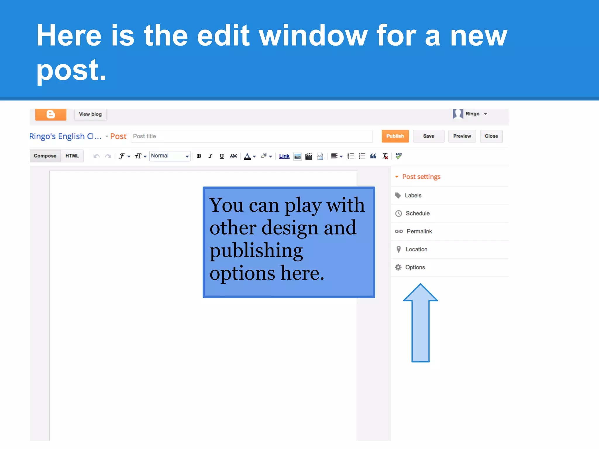 Here is the edit window for a new
post.
You can play with
other design and
publishing
options here.
 