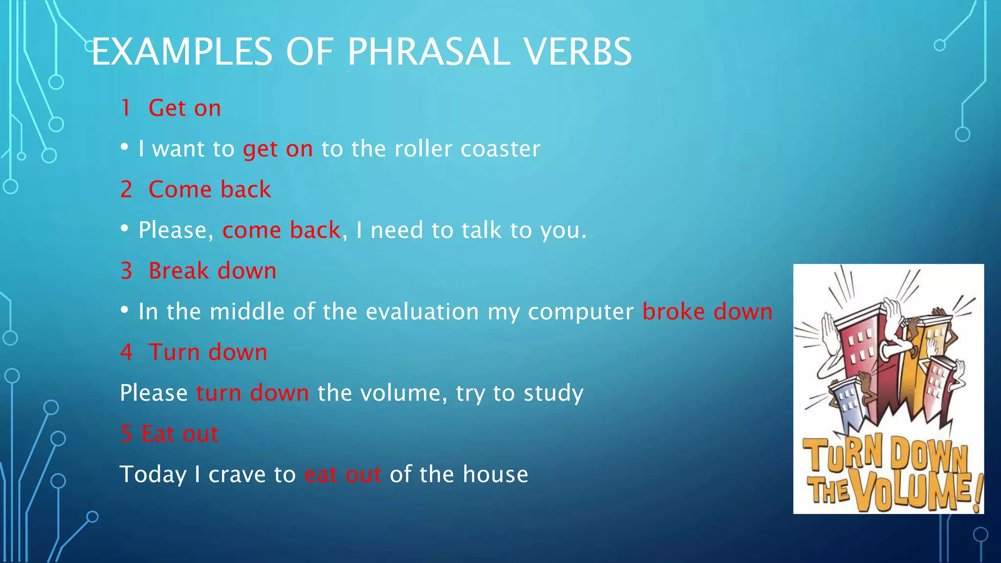 EXAMPLES OF PHRASAL VERBS
1 Get on
• I want to get on to the roller coaster
2 Come back
• Please, come back, I need to talk to you.
3 Break down
• In the middle of the evaluation my computer broke down
4 Turn down
Please turn down the volume, try to study
5 Eat out
Today I crave to eat out of the house
 