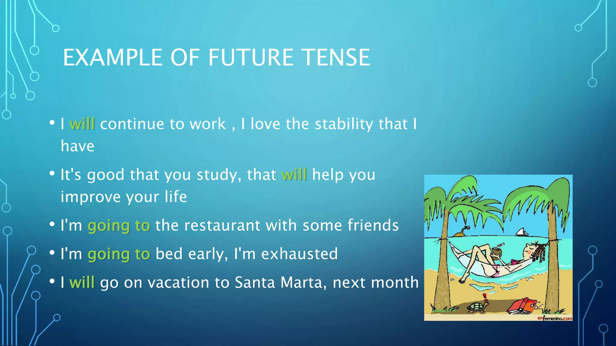 EXAMPLE OF FUTURE TENSE
• I will continue to work , I love the stability that I
have
• It's good that you study, that will help you
improve your life
• I'm going to the restaurant with some friends
• I'm going to bed early, I'm exhausted
• I will go on vacation to Santa Marta, next month
 