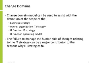 Change Domains
• Change domain model can be used to assist with the
definition of the scope of the:
− Business strategy
− ...