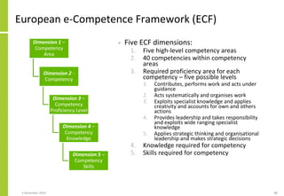 European e-Competence Framework (ECF)
• Five ECF dimensions:
1. Five high-level competency areas
2. 40 competencies within...