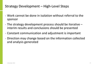 Strategy Development – High-Level Steps
• Work cannot be done in isolation without referral to the
sponsor
• The strategy ...