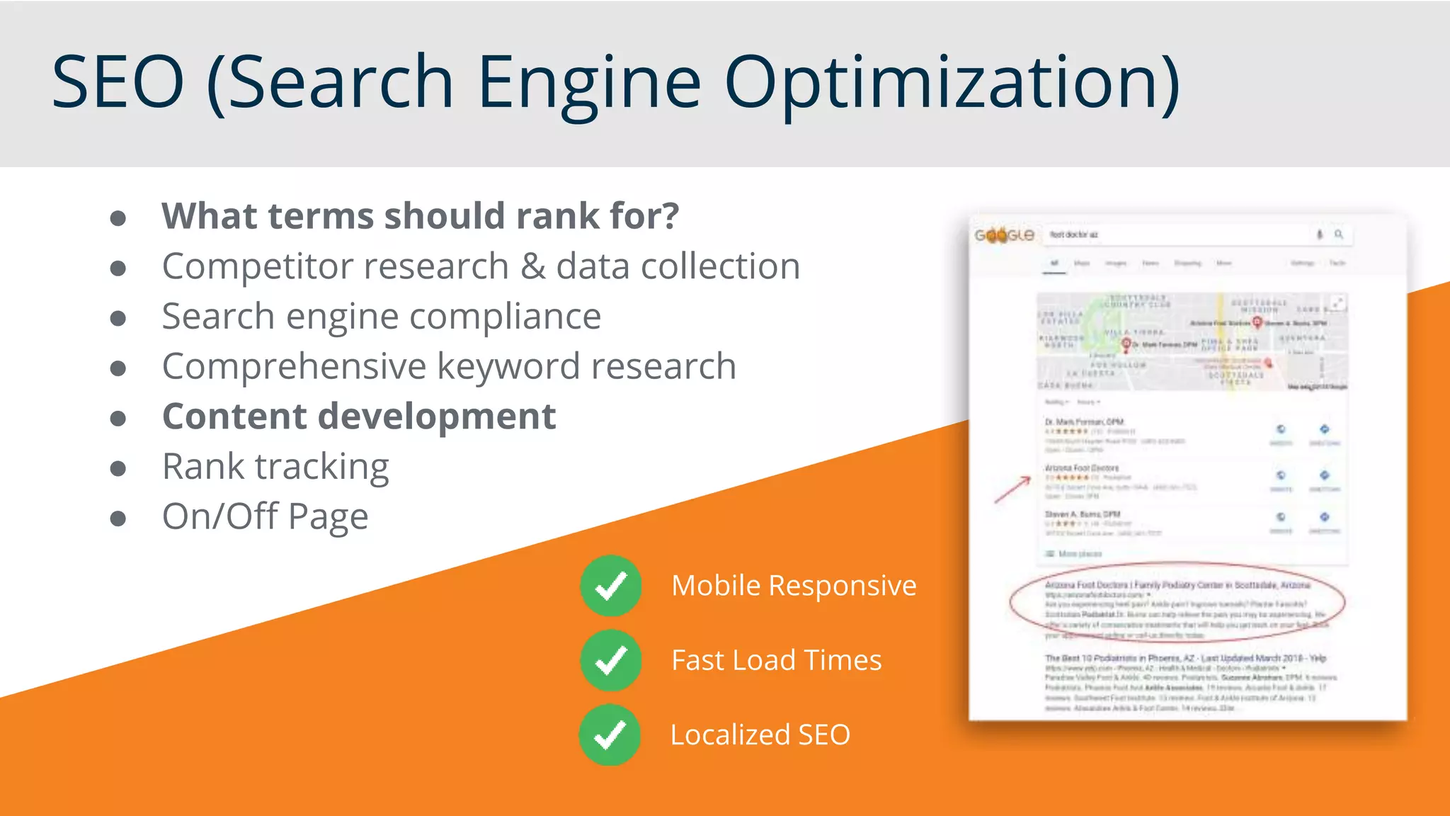 SEO (Search Engine Optimization)
● What terms should rank for?
● Competitor research & data collection
● Search engine compliance
● Comprehensive keyword research
● Content development
● Rank tracking
● On/Off Page
Mobile Responsive
Fast Load Times
Localized SEO
 