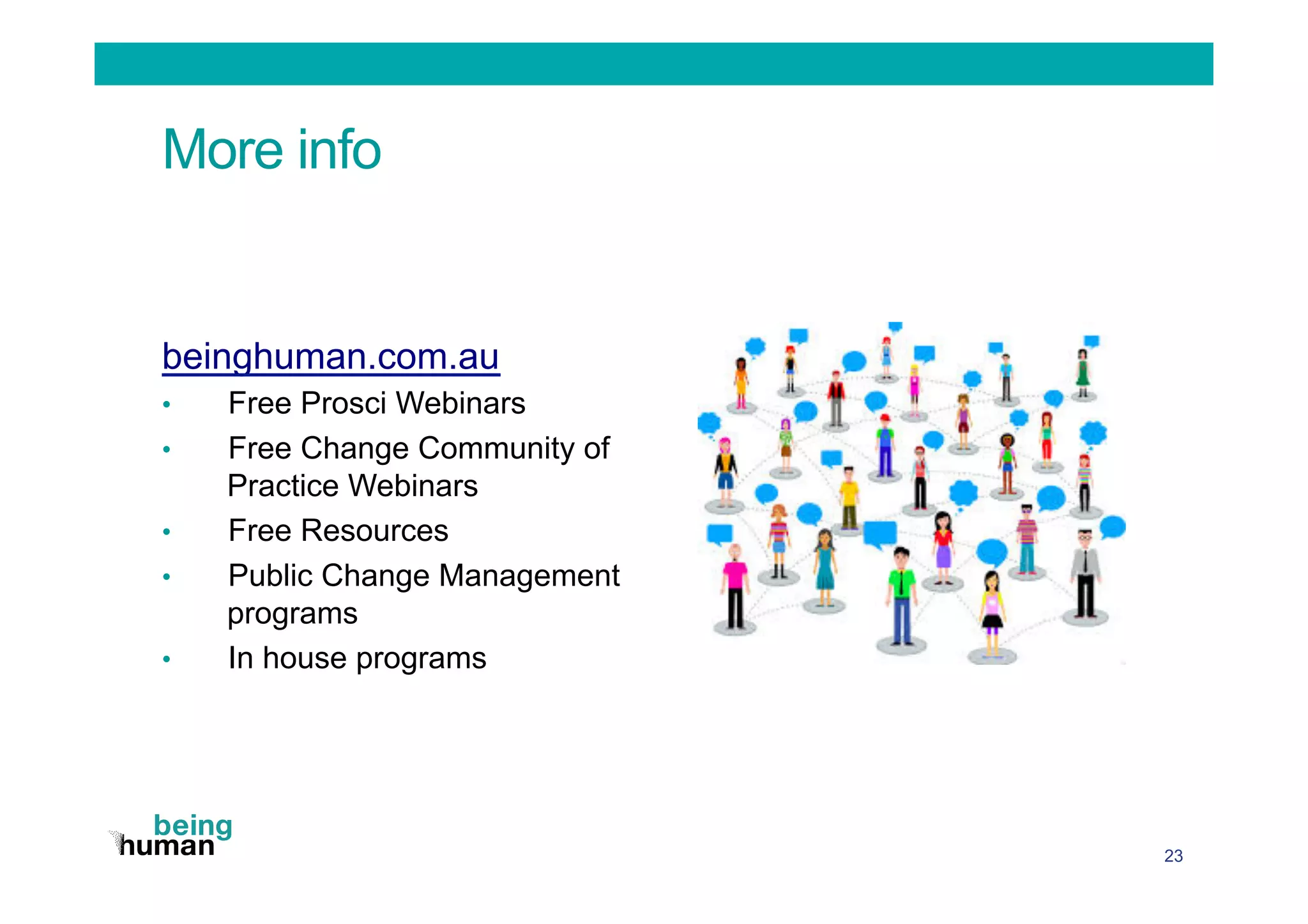 More info
23
beinghuman.com.au
•  Free Prosci Webinars
•  Free Change Community of
Practice Webinars
•  Free Resources
•  Public Change Management
programs
•  In house programs
 