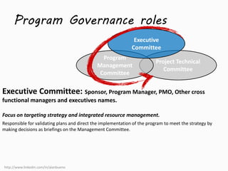 Program Governance roles 
Executive 
Committee 
Project Technical 
Committee 
Program 
Management 
Committee 
Executive Committee: Sponsor, Program Manager, PMO, Other cross 
functional managers and executives names. 
Focus on targeting strategy and integrated resource management. 
Responsible for validating plans and direct the implementation of the program to meet the strategy by 
making decisions as briefings on the Management Committee. 
http://www.linkedin.com/in/alanbueno 
 