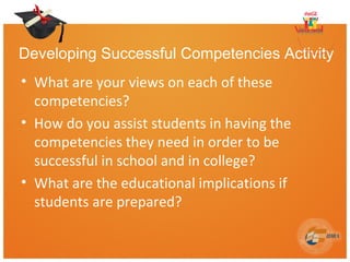 Developing Successful Competencies Activity
• What are your views on each of these
competencies?
• How do you assist students in having the
competencies they need in order to be
successful in school and in college?
• What are the educational implications if
students are prepared?
 
