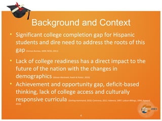 Background and Context
• Significant college completion gap for Hispanic
students and dire need to address the roots of this
gap (Census Bureau, 2009; NCES, 2011)
• Lack of college readiness has a direct impact to the
future of the nation with the changes in
demographics (Glover-Blackwell, Kwoh & Pastor, 2010)
• Achievement and opportunity gap, deficit-based
thinking, lack of college access and culturally
responsive curricula (Darling-Hammond, 2010; Contreras, 2011; Valencia, 1997; Ladson-Billings, 1994; Howard
2010)
4
 