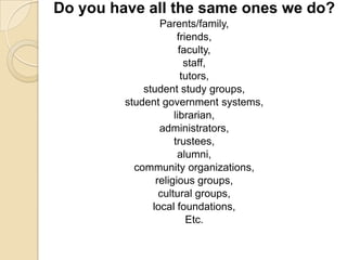 Do you have all the same ones we do?Parents/family,  friends, faculty, staff, tutors, student study groups, student government systems,librarian, administrators, trustees, alumni, community organizations, religious groups, cultural groups, local foundations,Etc.