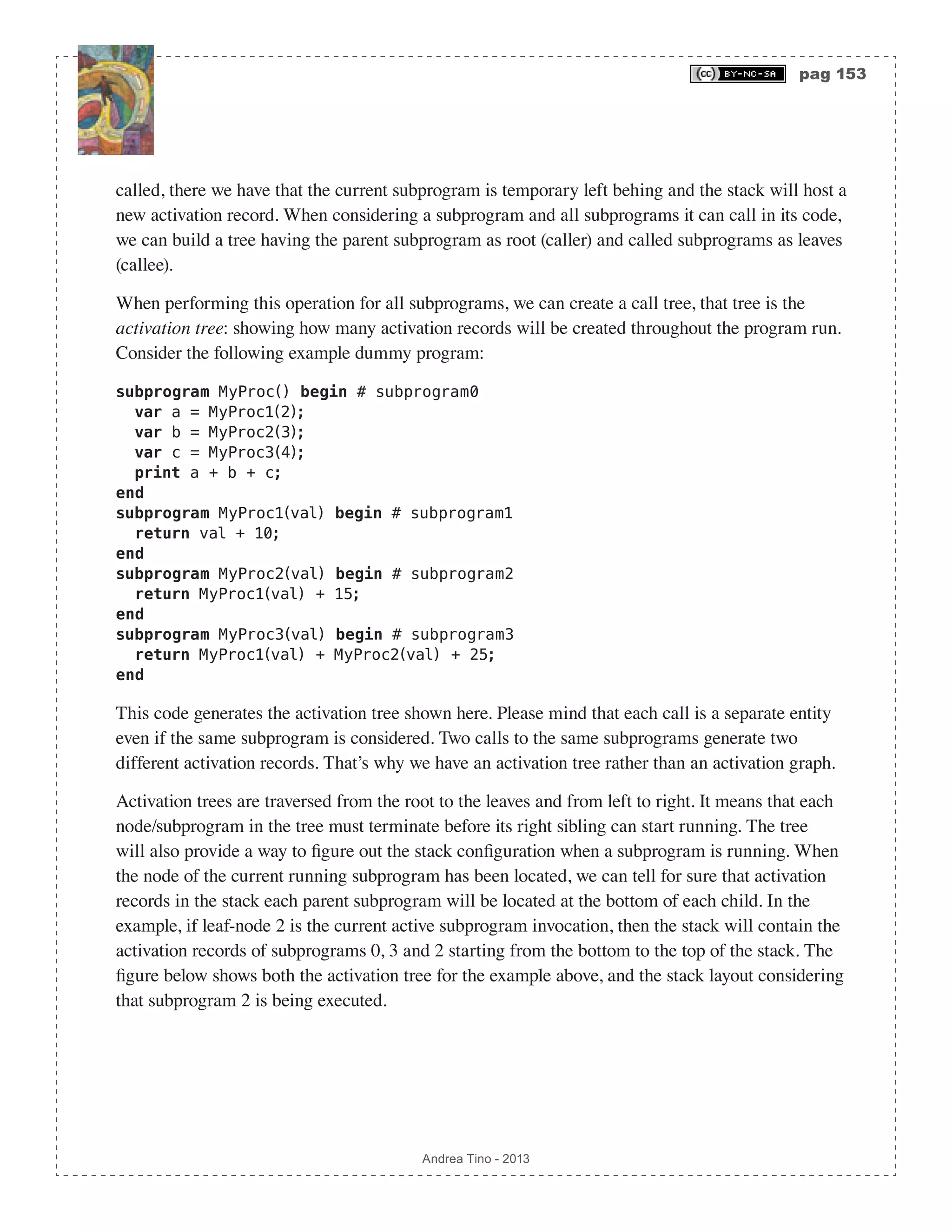 pag 153 Andrea Tino - 2013 called, there we have that the current subprogram is temporary left behing and the stack will host a new activation record. When considering a subprogram and all subprograms it can call in its code, we can build a tree having the parent subprogram as root (caller) and called subprograms as leaves (callee). When performing this operation for all subprograms, we can create a call tree, that tree is the activation tree: showing how many activation records will be created throughout the program run. Consider the following example dummy program: subprogram MyProc() begin # subprogram0 var a = MyProc1(2); var b = MyProc2(3); var c = MyProc3(4); print a + b + c; end subprogram MyProc1(val) begin # subprogram1 return val + 10; end subprogram MyProc2(val) begin # subprogram2 return MyProc1(val) + 15; end subprogram MyProc3(val) begin # subprogram3 return MyProc1(val) + MyProc2(val) + 25; end This code generates the activation tree shown here. Please mind that each call is a separate entity even if the same subprogram is considered. Two calls to the same subprograms generate two different activation records. That’s why we have an activation tree rather than an activation graph. Activation trees are traversed from the root to the leaves and from left to right. It means that each node/subprogram in the tree must terminate before its right sibling can start running. The tree will also provide a way to figure out the stack configuration when a subprogram is running. When the node of the current running subprogram has been located, we can tell for sure that activation records in the stack each parent subprogram will be located at the bottom of each child. In the example, if leaf-node 2 is the current active subprogram invocation, then the stack will contain the activation records of subprograms 0, 3 and 2 starting from the bottom to the top of the stack. The figure below shows both the activation tree for the example above, and the stack layout considering that subprogram 2 is being executed. 