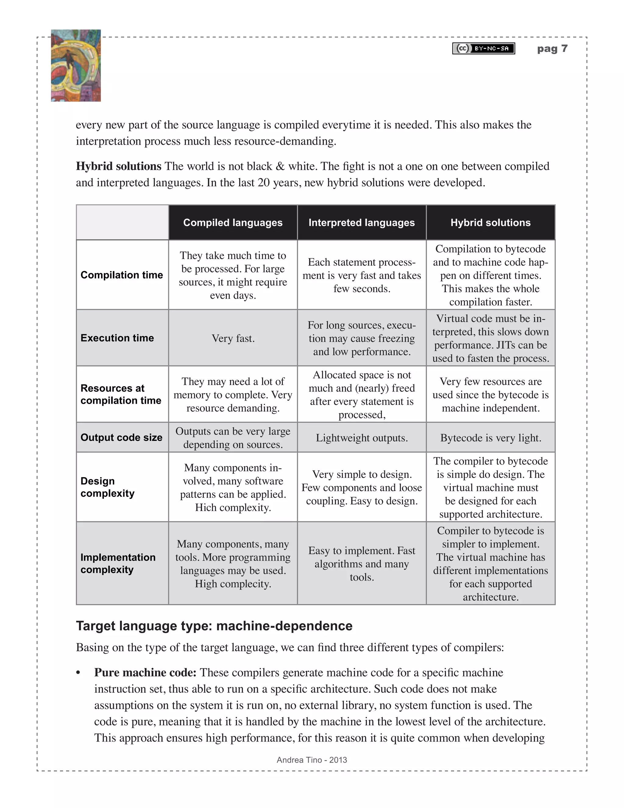 pag 7 Andrea Tino - 2013 every new part of the source language is compiled everytime it is needed. This also makes the interpretation process much less resource-demanding. Hybrid solutions The world is not black & white. The fight is not a one on one between compiled and interpreted languages. In the last 20 years, new hybrid solutions were developed. Compiled languages Interpreted languages Hybrid solutions Compilation time They take much time to be processed. For large sources, it might require even days. Each statement process- ment is very fast and takes few seconds. Compilation to bytecode and to machine code hap- pen on different times. This makes the whole compilation faster. Execution time Very fast. For long sources, execu- tion may cause freezing and low performance. Virtual code must be in- terpreted, this slows down performance. JITs can be used to fasten the process. Resources at compilation time They may need a lot of memory to complete. Very resource demanding. Allocated space is not much and (nearly) freed after every statement is processed, Very few resources are used since the bytecode is machine independent. Output code size Outputs can be very large depending on sources. Lightweight outputs. Bytecode is very light. Design complexity Many components in- volved, many software patterns can be applied. Hich complexity. Very simple to design. Few components and loose coupling. Easy to design. The compiler to bytecode is simple do design. The virtual machine must be designed for each supported architecture. Implementation complexity Many components, many tools. More programming languages may be used. High complecity. Easy to implement. Fast algorithms and many tools. Compiler to bytecode is simpler to implement. The virtual machine has different implementations for each supported architecture. Target language type: machine-dependence Basing on the type of the target language, we can find three different types of compilers: • Pure machine code: These compilers generate machine code for a specific machine instruction set, thus able to run on a specific architecture. Such code does not make assumptions on the system it is run on, no external library, no system function is used. The code is pure, meaning that it is handled by the machine in the lowest level of the architecture. This approach ensures high performance, for this reason it is quite common when developing 