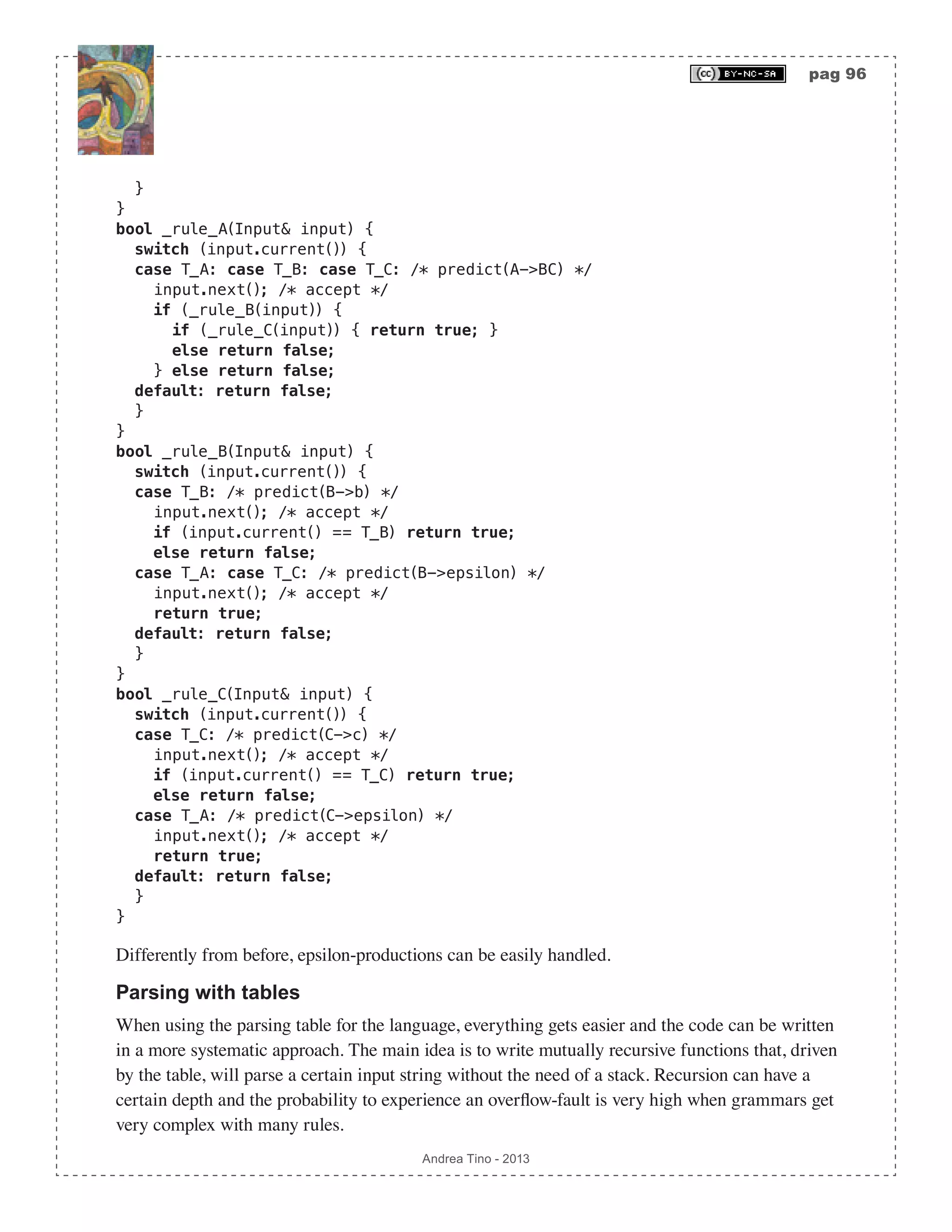 pag 96 Andrea Tino - 2013 } } bool _rule_A(Input& input) { switch (input.current()) { case T_A: case T_B: case T_C: /* predict(A->BC) */ input.next(); /* accept */ if (_rule_B(input)) { if (_rule_C(input)) { return true; } else return false; } else return false; default: return false; } } bool _rule_B(Input& input) { switch (input.current()) { case T_B: /* predict(B->b) */ input.next(); /* accept */ if (input.current() == T_B) return true; else return false; case T_A: case T_C: /* predict(B->epsilon) */ input.next(); /* accept */ return true; default: return false; } } bool _rule_C(Input& input) { switch (input.current()) { case T_C: /* predict(C->c) */ input.next(); /* accept */ if (input.current() == T_C) return true; else return false; case T_A: /* predict(C->epsilon) */ input.next(); /* accept */ return true; default: return false; } } Differently from before, epsilon-productions can be easily handled. Parsing with tables When using the parsing table for the language, everything gets easier and the code can be written in a more systematic approach. The main idea is to write mutually recursive functions that, driven by the table, will parse a certain input string without the need of a stack. Recursion can have a certain depth and the probability to experience an overflow-fault is very high when grammars get very complex with many rules. 