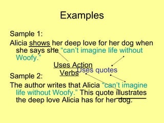 Examples Sample 1:  Alicia shows her deep love for her dog when she says she  “can’t imagine life without Woofy.” Sample 2: The author writes that Alicia  “can’t imagine life without Woofy.”  This quote illustrates the deep love Alicia has for her dog. Uses quotes Uses Action Verbs 