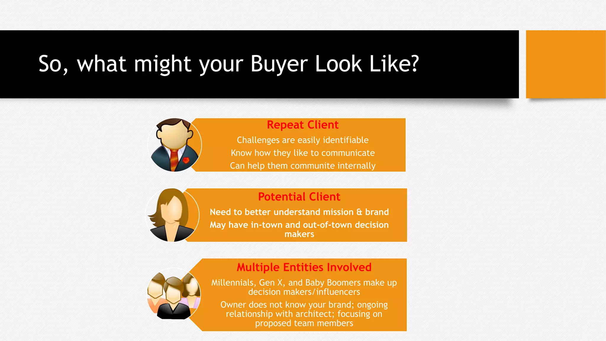 So, what might your Buyer Look Like?
Repeat Client
Challenges are easily identifiable
Know how they like to communicate
Can help them communite internally
Potential Client
Need to better understand mission & brand
May have in-town and out-of-town decision
makers
Multiple Entities Involved
Millennials, Gen X, and Baby Boomers make up
decision makers/influencers
Owner does not know your brand; ongoing
relationship with architect; focusing on
proposed team members
 