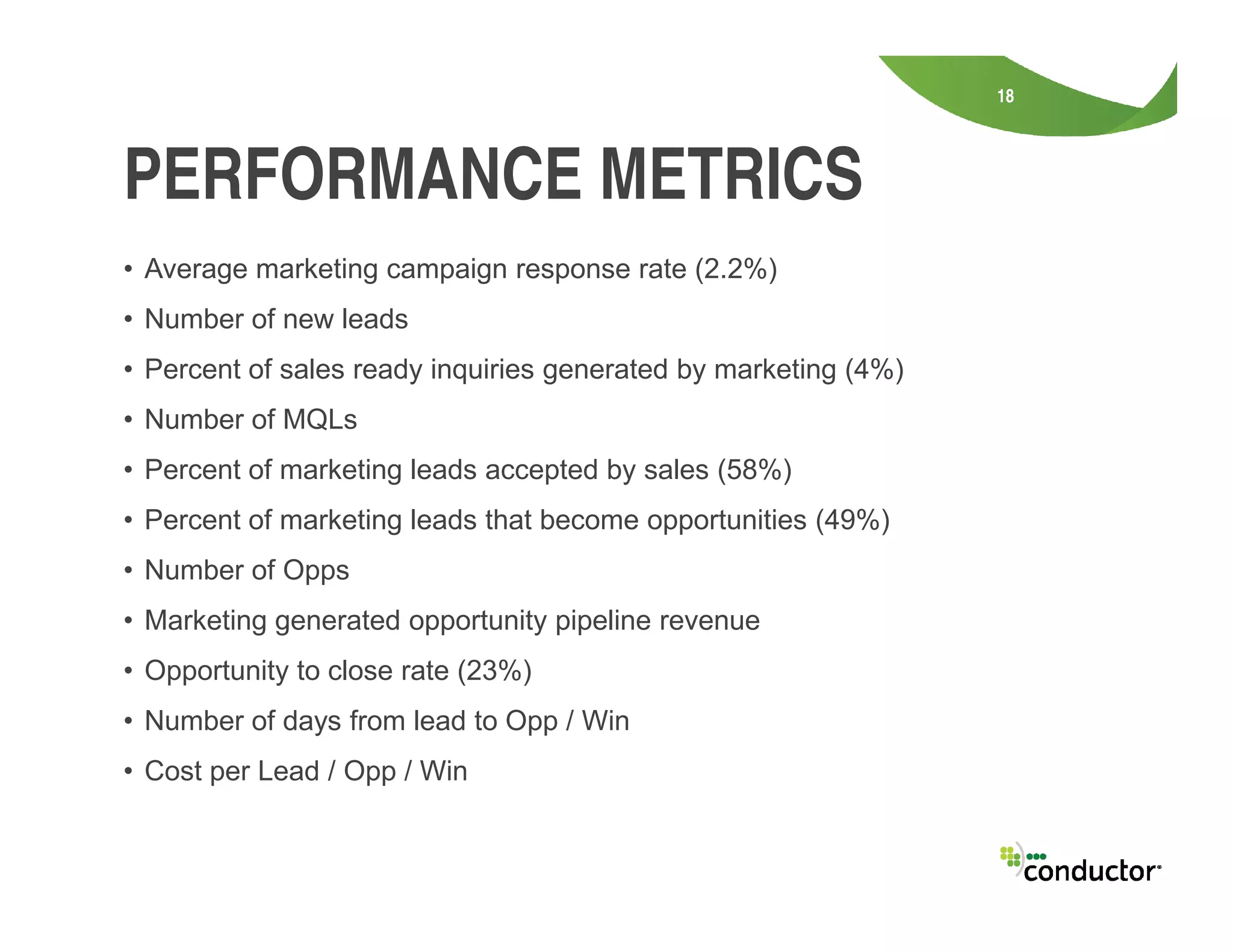 • Average marketing campaign response rate (2.2%)
• Number of new leads
• Percent of sales ready inquiries generated by marketing (4%)
• Number of MQLs
• Percent of marketing leads accepted by sales (58%)
18
PERFORMANCE METRICS
• Percent of marketing leads accepted by sales (58%)
• Percent of marketing leads that become opportunities (49%)
• Number of Opps
• Marketing generated opportunity pipeline revenue
• Opportunity to close rate (23%)
• Number of days from lead to Opp / Win
• Cost per Lead / Opp / Win
 