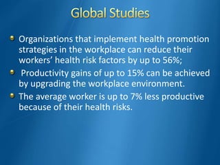 Organizations that implement health promotion
strategies in the workplace can reduce their
workers’ health risk factors by up to 56%;
Productivity gains of up to 15% can be achieved
by upgrading the workplace environment.
The average worker is up to 7% less productive
because of their health risks.
 