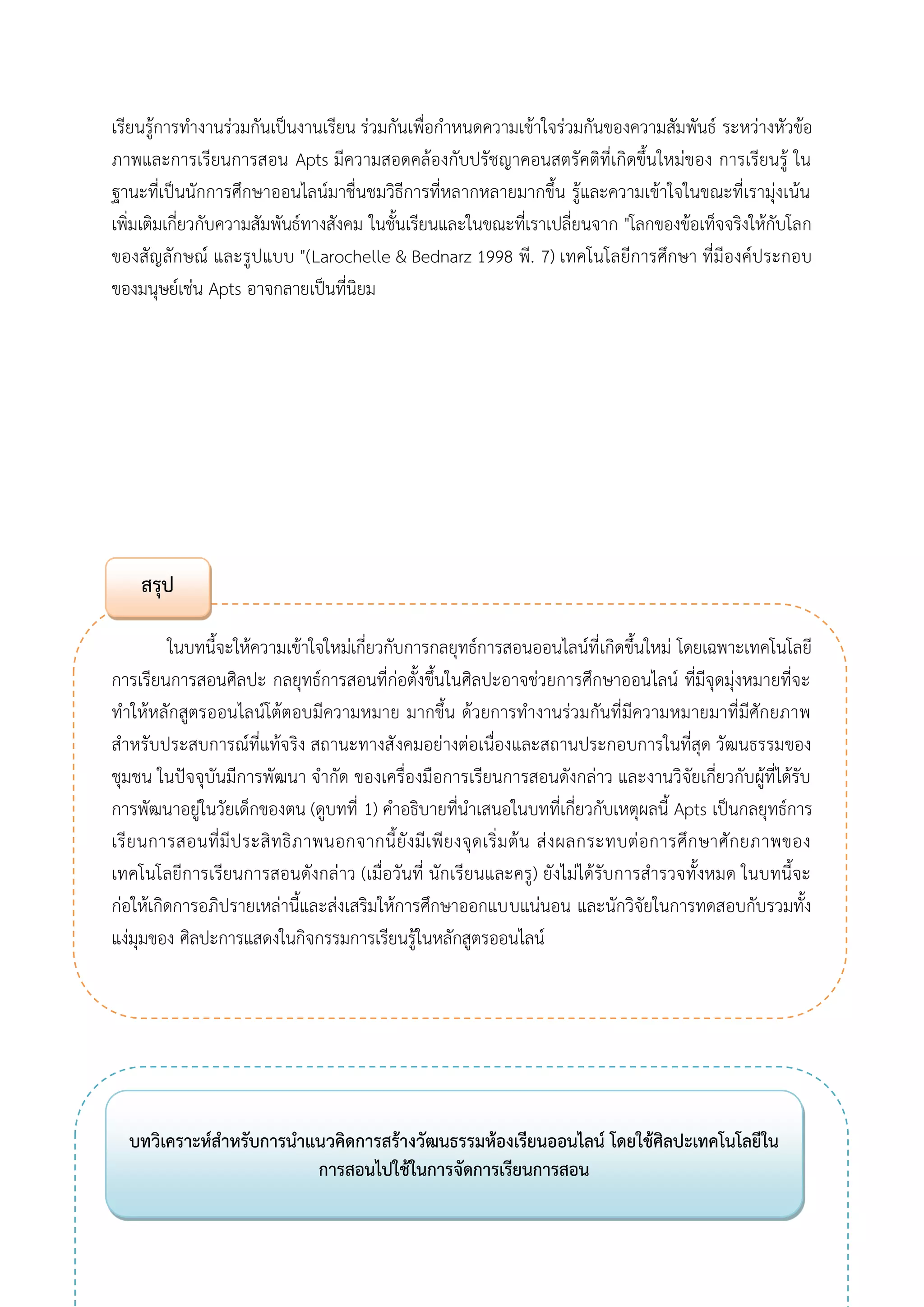 เรียนรู้การทางานร่วมกันเป็นงานเรียน ร่วมกันเพื่อกาหนดความเข้าใจร่วมกันของความสัมพันธ์ ระหว่างหัวข้อ ภาพและการเรียนการสอน Apts มีความสอดคล้องกับปรัชญาคอนสตรัคติที่เกิดขึ้นใหม่ของ การเรียนรู้ ใน ฐานะที่เป็นนักการศึกษาออนไลน์มาชื่นชมวิธีการที่หลากหลายมากขึ้น รู้และความเข้าใจในขณะที่เรามุ่งเน้น เพิ่มเติมเกี่ยวกับความสัมพันธ์ทางสังคม ในชั้นเรียนและในขณะที่เราเปลี่ยนจาก "โลกของข้อเท็จจริงให้กับโลก ของสัญลักษณ์ และรูปแบบ "(Larochelle & Bednarz 1998 พี. 7) เทคโนโลยีการศึกษา ที่มีองค์ประกอบ ของมนุษย์เช่น Apts อาจกลายเป็นที่นิยม 
ในบทนี้จะให้ความเข้าใจใหม่เกี่ยวกับการกลยุทธ์การสอนออนไลน์ที่เกิดขึ้นใหม่ โดยเฉพาะเทคโนโลยี การเรียนการสอนศิลปะ กลยุทธ์การสอนที่ก่อตั้งขึ้นในศิลปะอาจช่วยการศึกษาออนไลน์ ที่มีจุดมุ่งหมายที่จะ ทาให้หลักสูตรออนไลน์โต้ตอบมีความหมาย มากขึ้น ด้วยการทางานร่วมกันที่มีความหมายมาที่มีศักยภาพ สาหรับประสบการณ์ที่แท้จริง สถานะทางสังคมอย่างต่อเนื่องและสถานประกอบการในที่สุด วัฒนธรรมของ ชุมชน ในปัจจุบันมีการพัฒนา จากัด ของเครื่องมือการเรียนการสอนดังกล่าว และงานวิจัยเกี่ยวกับผู้ที่ได้รับ การพัฒนาอยู่ในวัยเด็กของตน (ดูบทที่ 1) คาอธิบายที่นาเสนอในบทที่เกี่ยวกับเหตุผลนี้ Apts เป็นกลยุทธ์การ เรียนการสอนที่มีประสิทธิภาพนอกจากนี้ยังมีเพียงจุดเริ่มต้น ส่งผลกระทบต่อการศึกษาศักยภาพของ เทคโนโลยีการเรียนการสอนดังกล่าว (เมื่อวันที่ นักเรียนและครู) ยังไม่ได้รับการสารวจทั้งหมด ในบทนี้จะ ก่อให้เกิดการอภิปรายเหล่านี้และส่งเสริมให้การศึกษาออกแบบแน่นอน และนักวิจัยในการทดสอบกับรวมทั้ง แง่มุมของ ศิลปะการแสดงในกิจกรรมการเรียนรู้ในหลักสูตรออนไลน์ 
สรุป 
บทวิเคราะห์สาหรับการนาแนวคิดการสร้างวัฒนธรรมห้องเรียนออนไลน์ โดยใช้ศิลปะเทคโนโลยีใน การสอนไปใช้ในการจัดการเรียนการสอน  