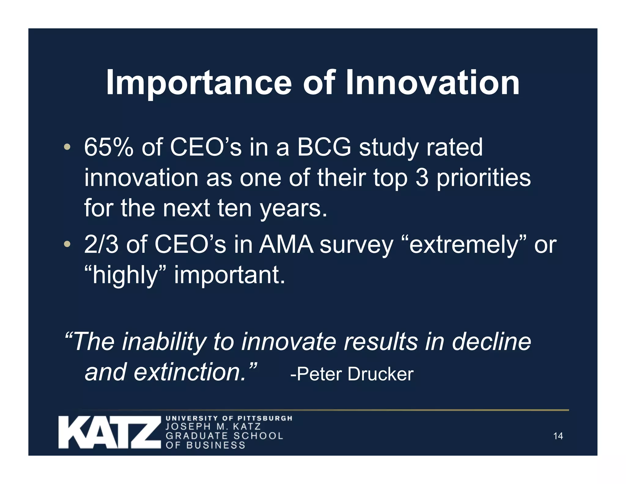 Importance of Innovation
• 65% of CEO’s in a BCG study rated
innovation as one of their top 3 priorities
for the next ten years.
• 2/3 of CEO’s in AMA survey “extremely” or
“highly” important.
“The inability to innovate results in decline
and extinction.” -Peter Drucker
14

 