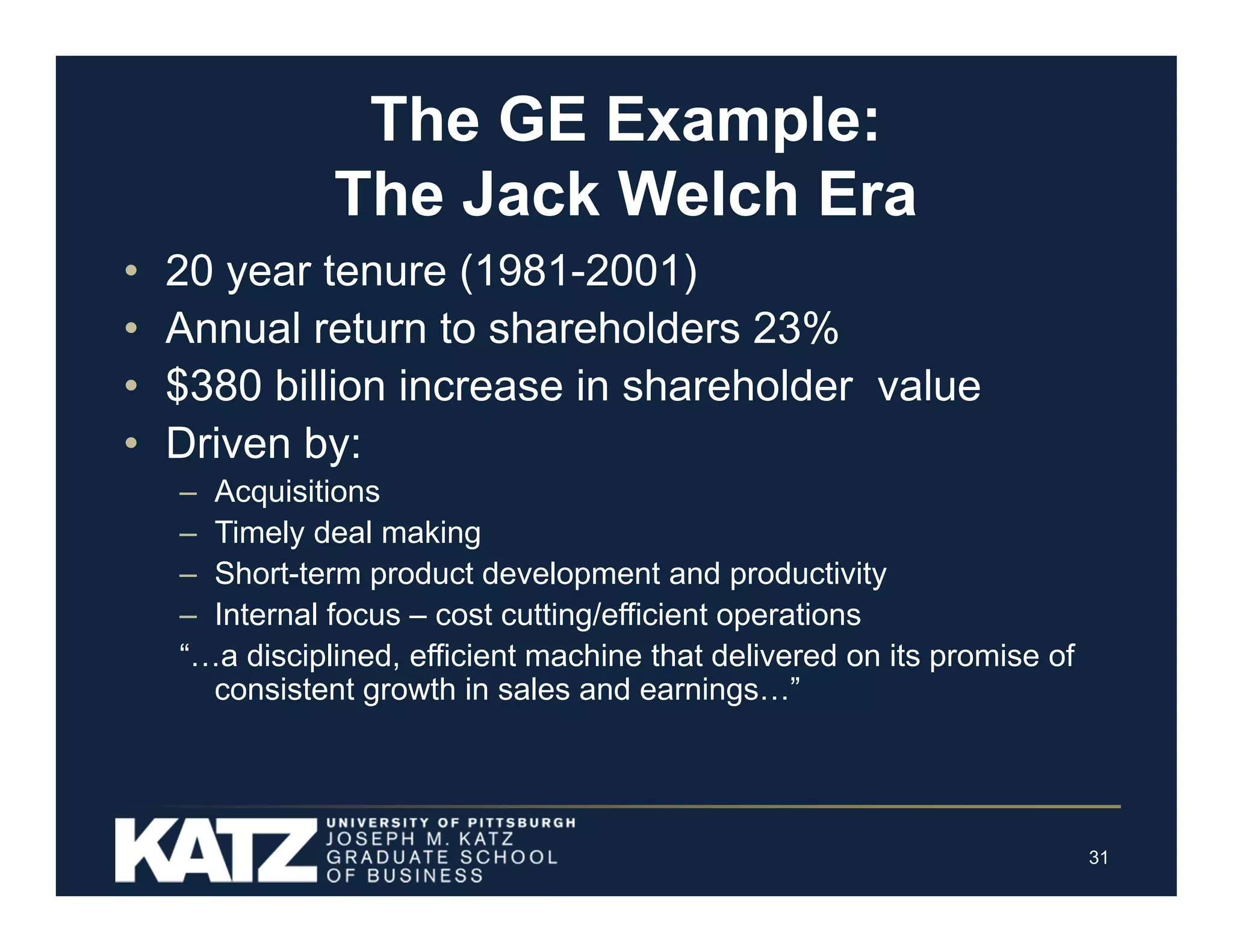The GE Example:
The Jack Welch Era
•
•
•
•

20 year tenure (1981-2001)
Annual return to shareholders 23%
$380 billion increase in shareholder value
Driven by:
– Acquisitions
– Timely deal making
– Short-term product development and productivity
– Internal focus – cost cutting/efficient operations
“…a disciplined, efficient machine that delivered on its promise of
consistent growth in sales and earnings…”

31

 